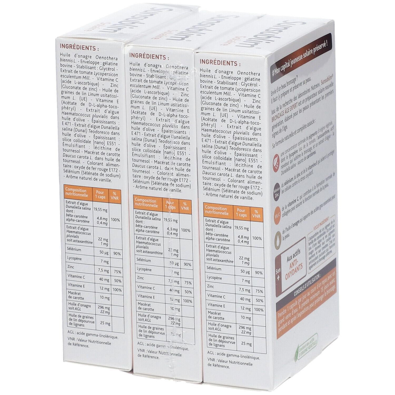 Détail de la boîte Sunsublim Solaire. Informations sur les ingrédients et les valeurs nutritionnelles.