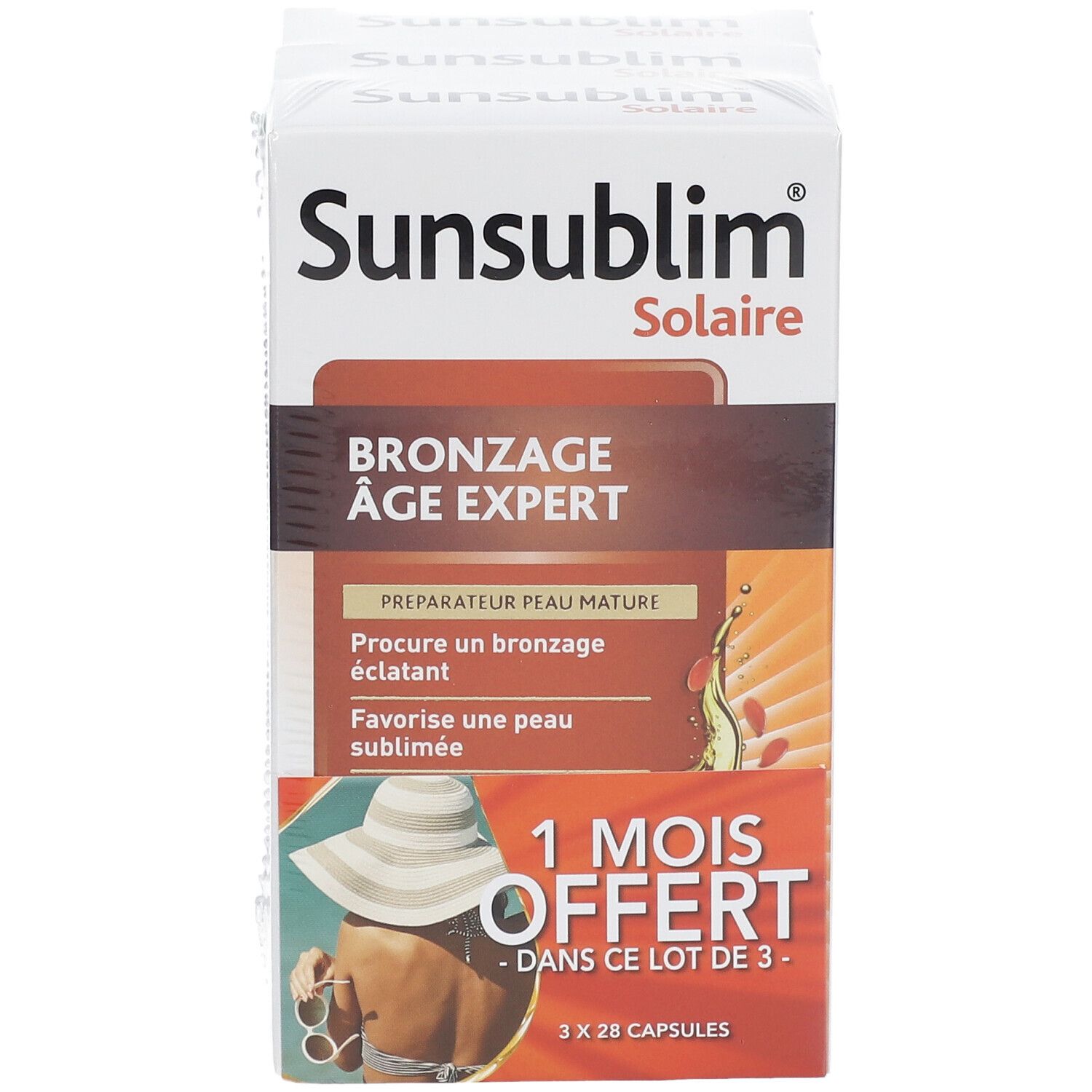 Face avant de la boîte Sunsublim Solaire. Nom du produit, description et offre: 1 MOIS OFFERT.