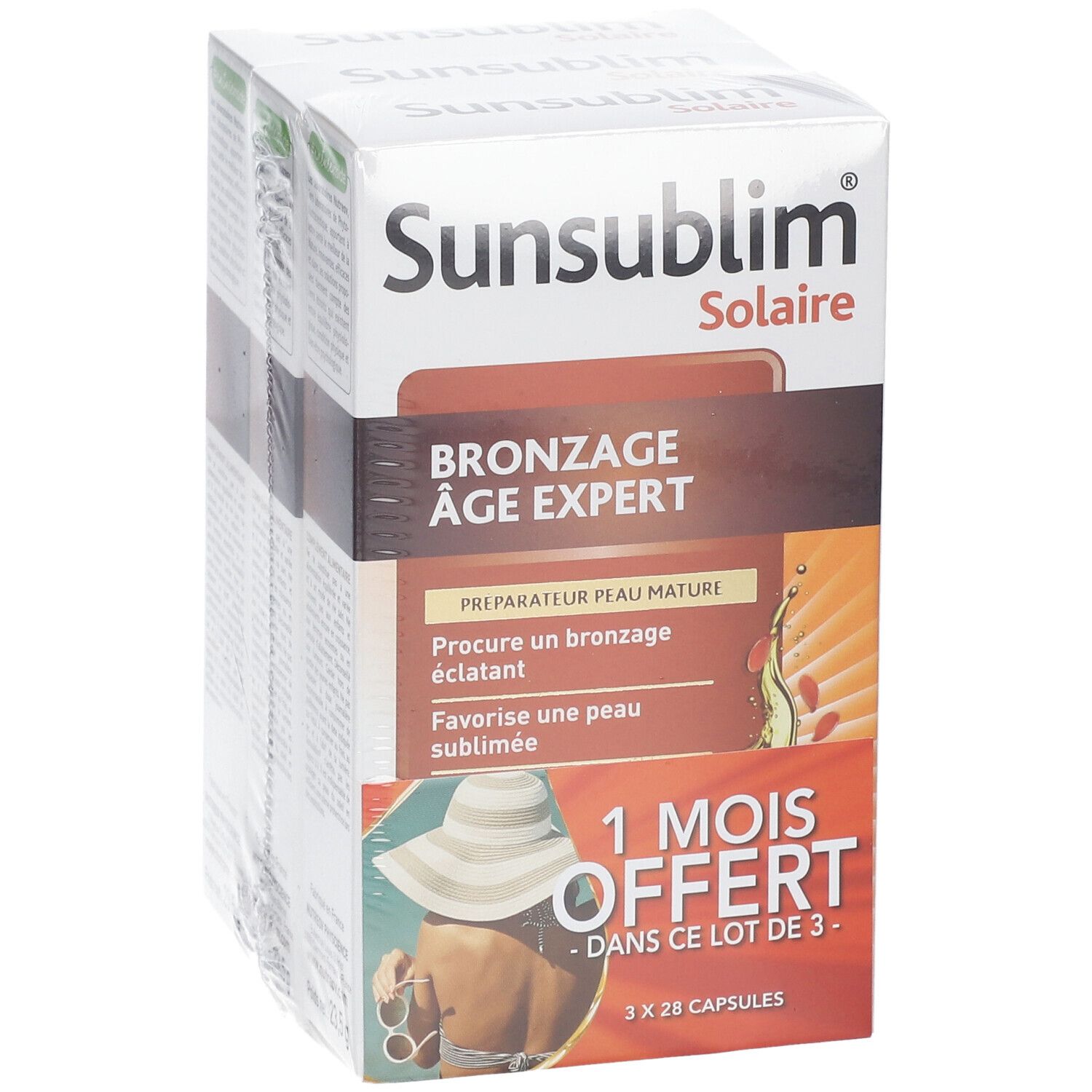 Boîte Sunsublim Solaire, sous film plastique. Nom du produit, description et offre: 1 MOIS OFFERT.
