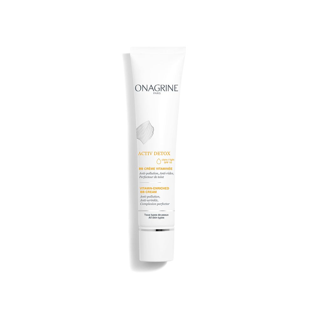 Tube blanc avec nom et informations produit. Inscription : Activ Détox BB Crème Vitaminée.