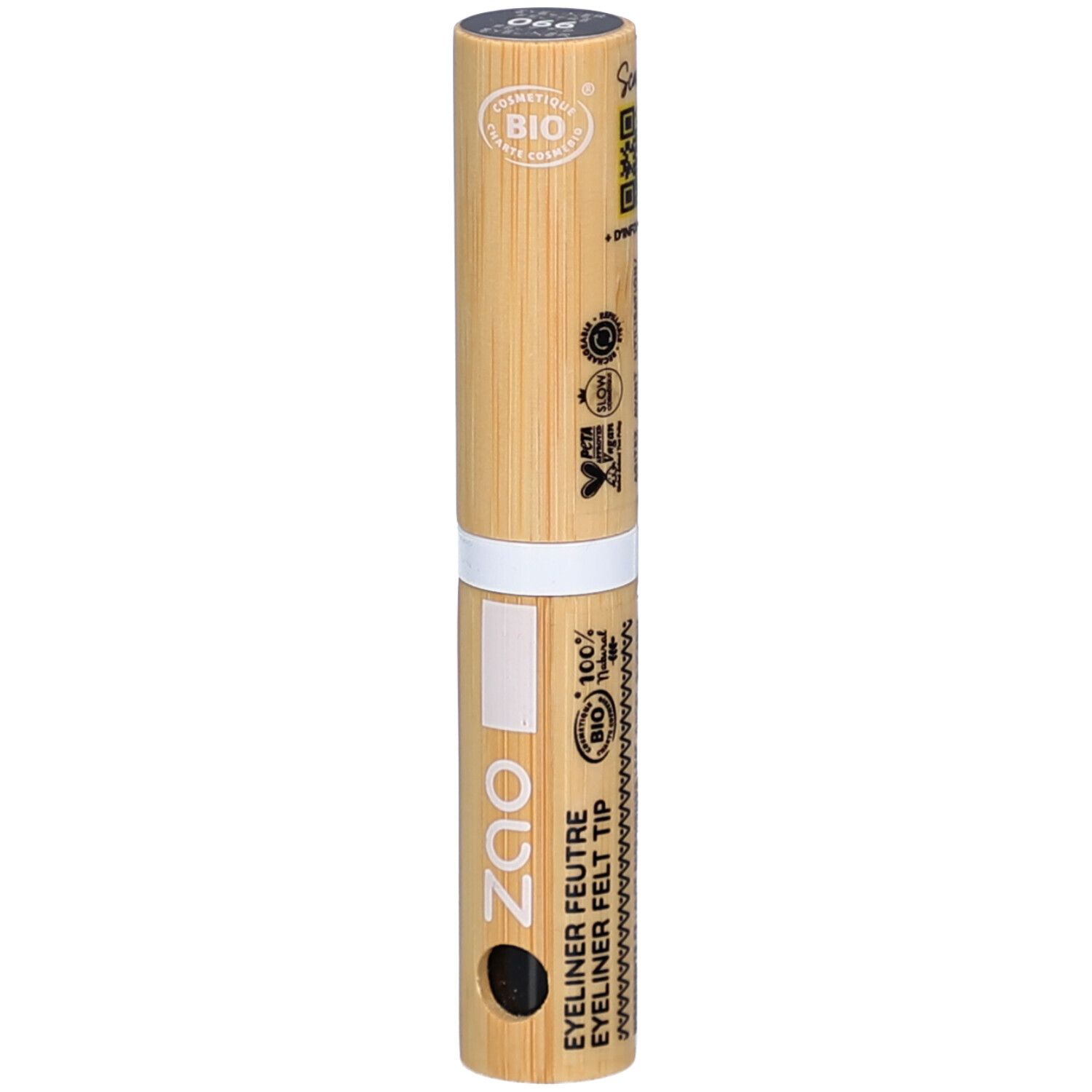 Eyeliner-Stift aus Bambus. Schwarze Spitze. Aufschrift: ZAO, EYELINER FEUTRE FELT TIP. Bio-Zertifizierung.