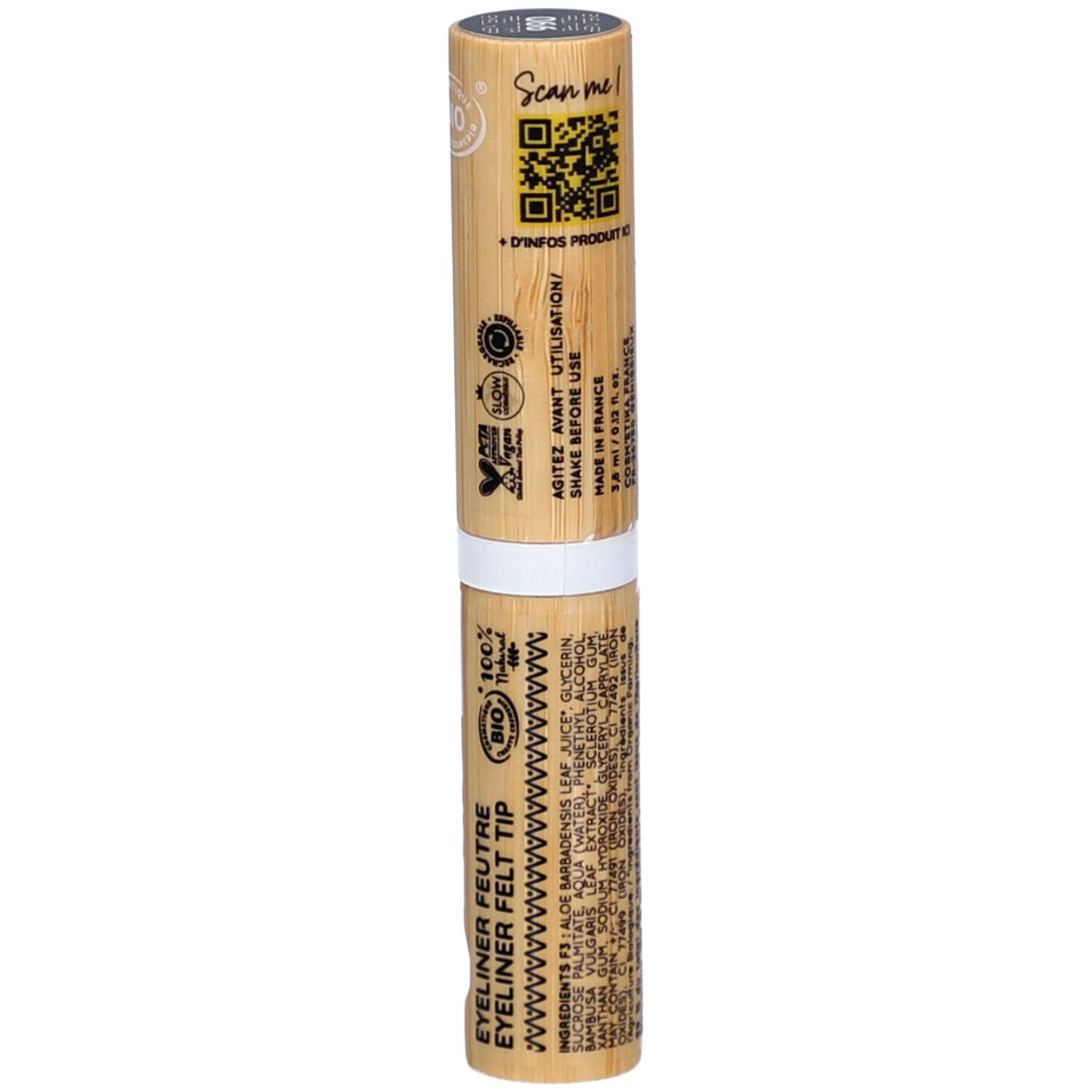Eyeliner-Stift aus Bambus. Aufschrift: ZAO, EYELINER FEUTRE FELT TIP. QR-Code und Inhaltsstoffe.