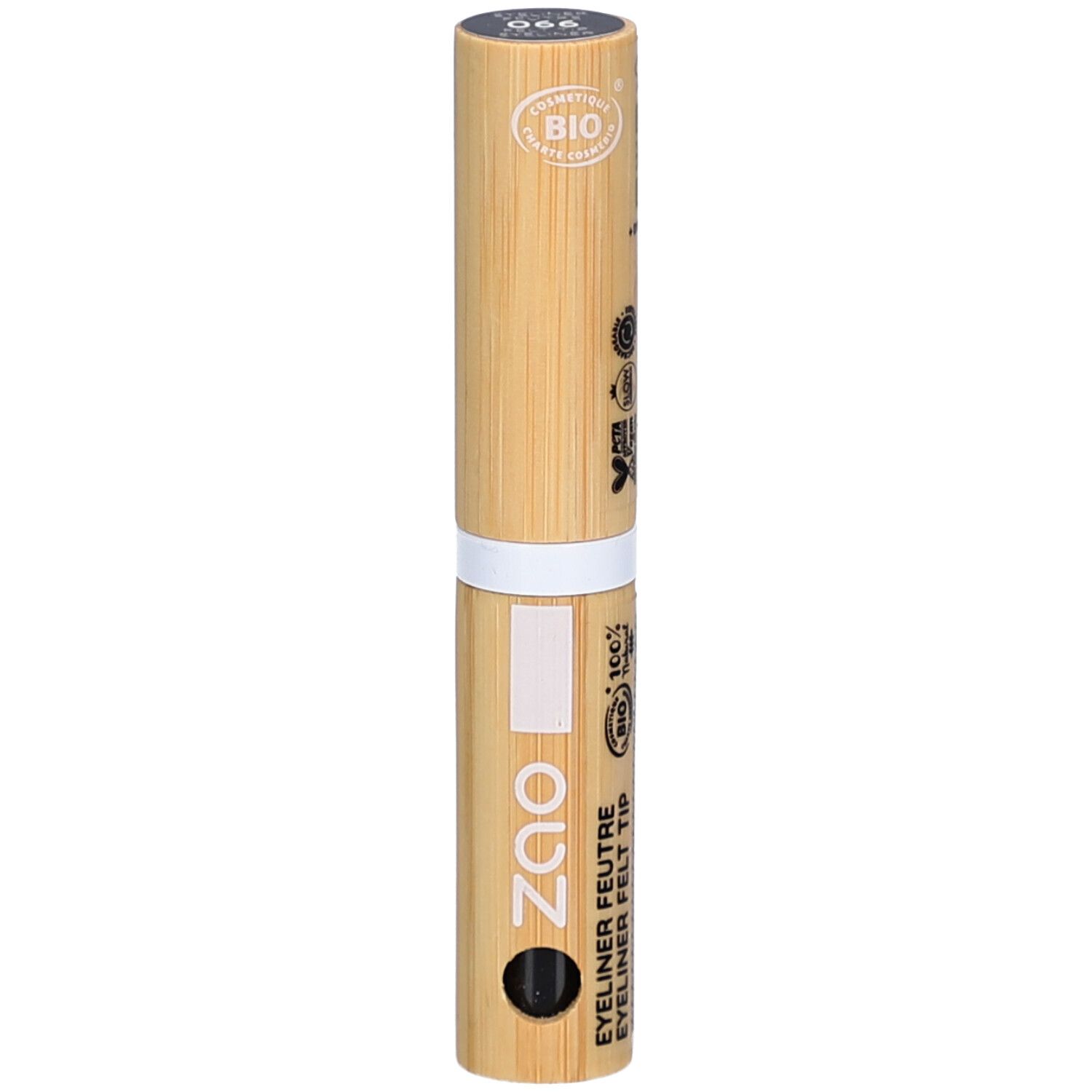 Eyeliner-Stift aus Bambus. Schwarze Spitze. Aufschrift: ZAO, EYELINER FEUTRE FELT TIP. Bio-Zertifizierung.