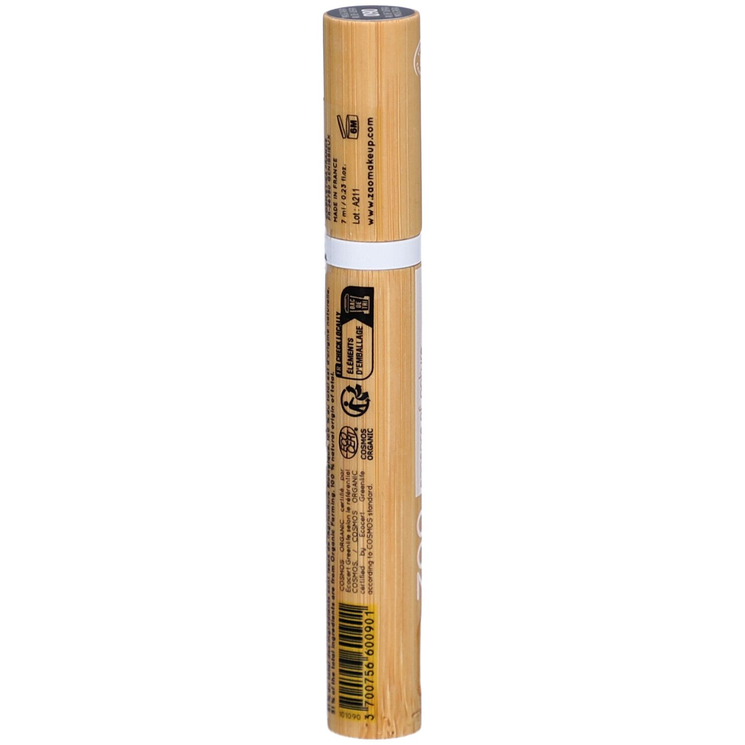 Mascara-Tube aus Bambus. Rückseite mit Text und Barcode. Aufschrift: ZAO, essence of nature. Bio-Zertifizierung.