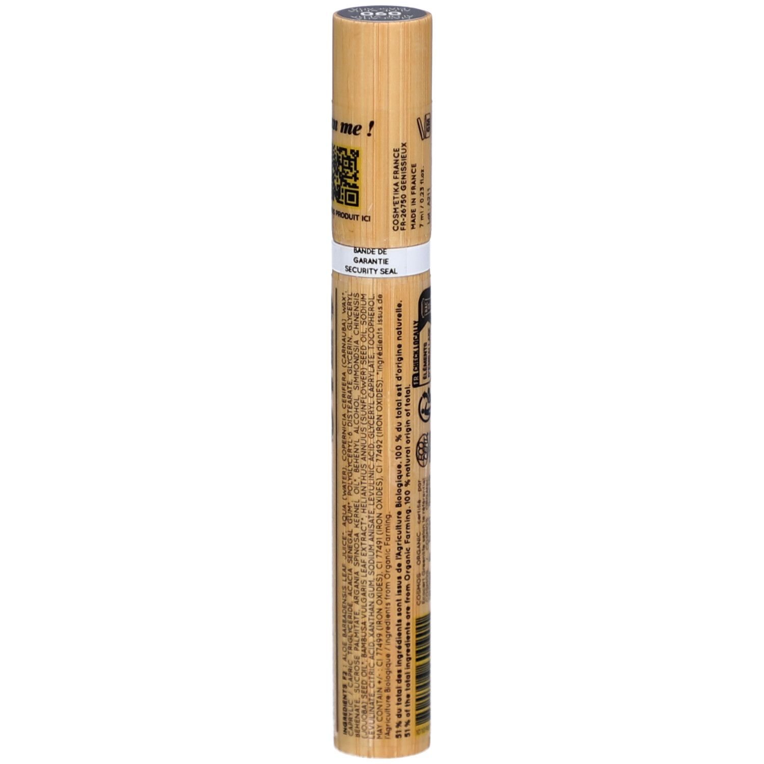 Mascara-Tube aus Bambus. Rückseite mit Text, QR-Code und Sicherheitsverschluss. Bio-Zertifizierung.