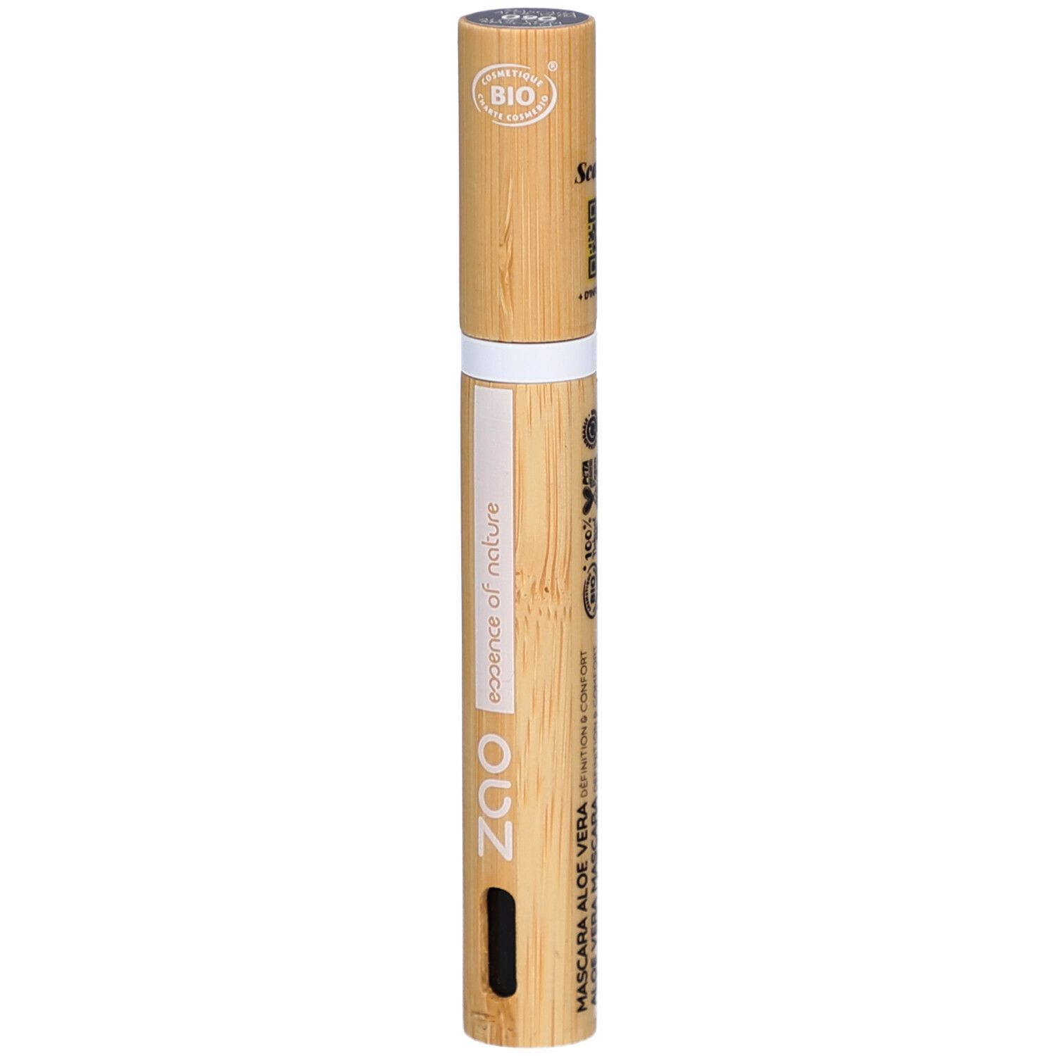 Mascara-Tube aus Bambus. Aufschrift: ZAO, essence of nature, Mascara Aloe Vera. Bio-Zertifizierung.