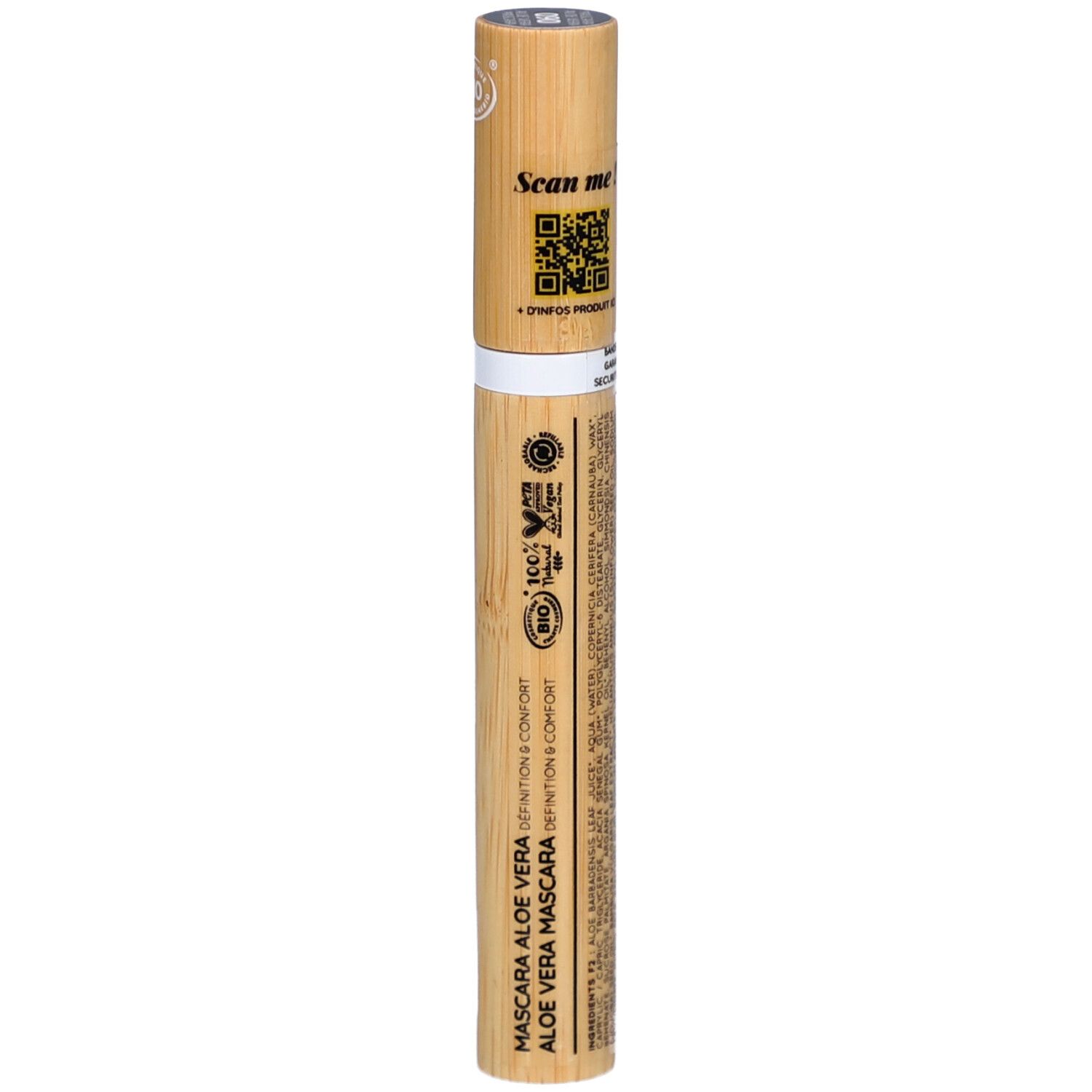 Mascara-Tube aus Bambus. QR-Code, Text und Logos. Aufschrift: Mascara Aloe Vera. Bio-Zertifizierung.