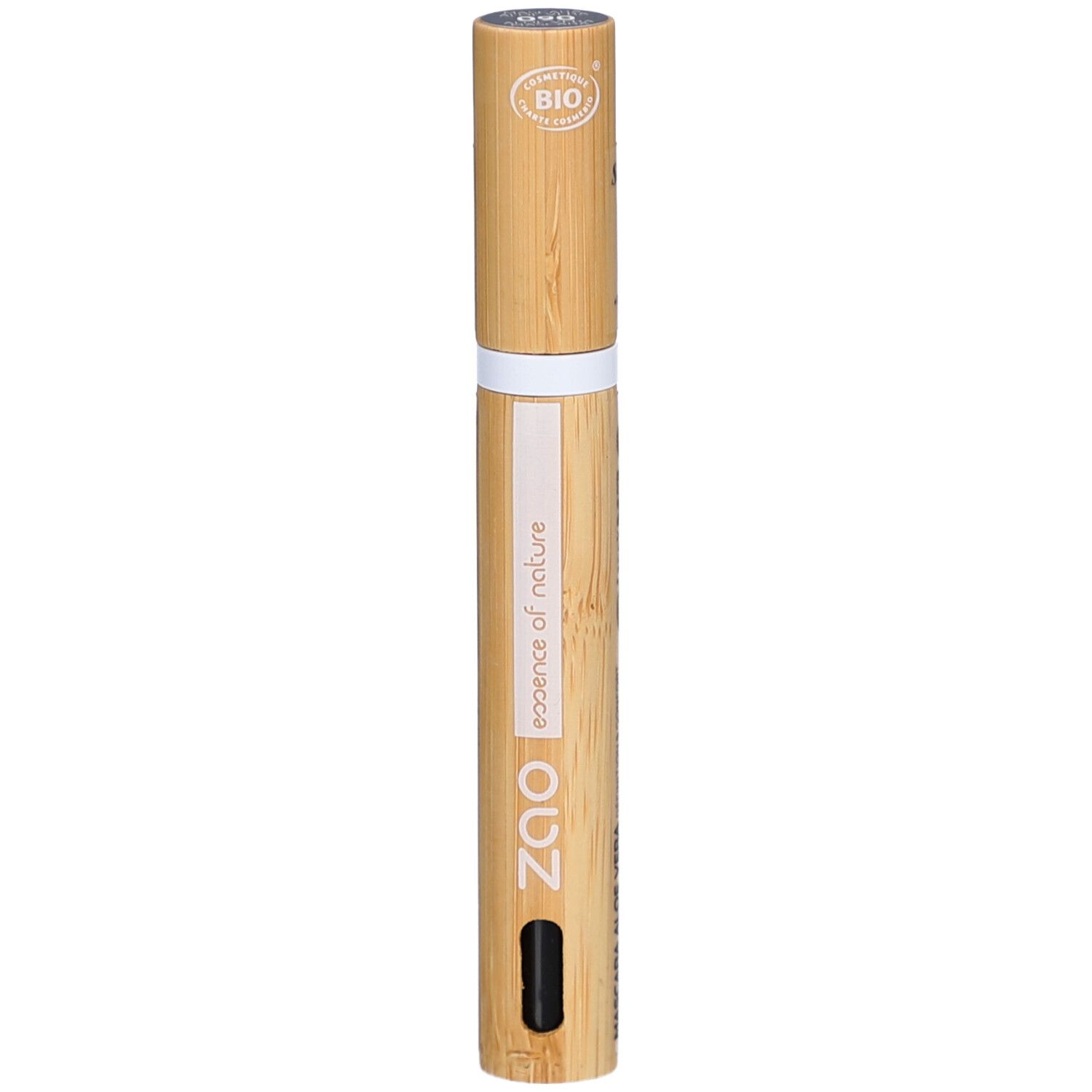 Mascara-Tube aus Bambus. Aufschrift: ZAO, essence of nature. Schwarzer Applikator. Bio-Zertifizierung.