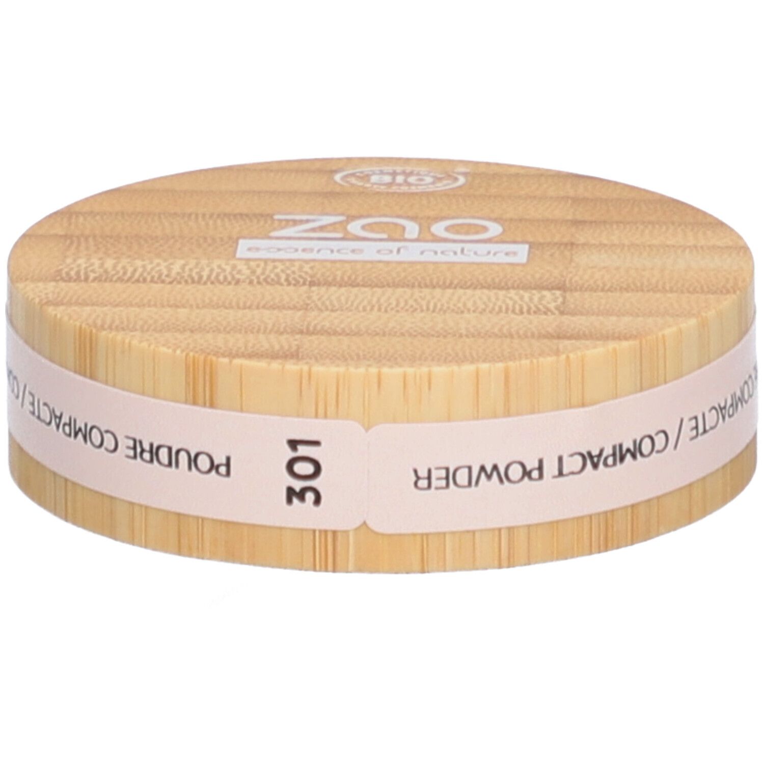 Compact poederverpakking van hout. Opschrift: ZAO, 301, Poudre Compacte/Compact Powder. Bio-keurmerk.