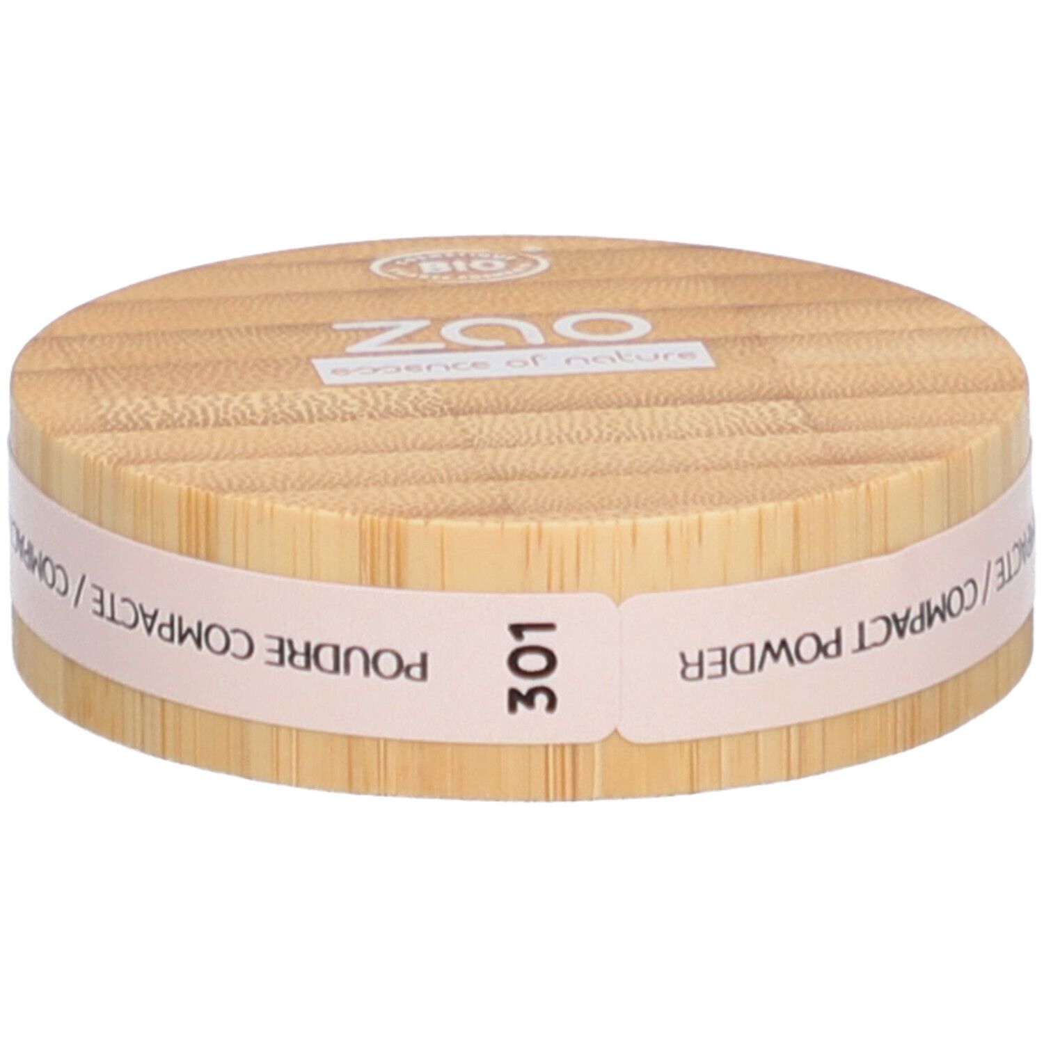 Compact poederverpakking van hout. Opschrift: ZAO, 301, Poudre Compacte/Compact Powder. Bio-keurmerk.