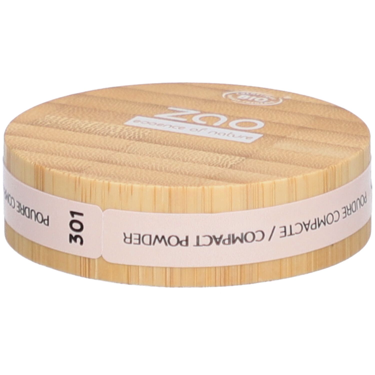 Compact poederverpakking van hout. Opschrift: ZAO, 301, Poudre Compacte/Compact Powder. Bio-keurmerk.