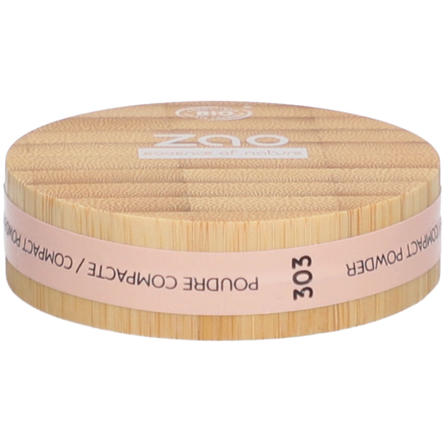 Boîtier de poudre compacte en bois. Bande rose avec texte: Poudre Compacte, Compact Powder. Numéro 303.