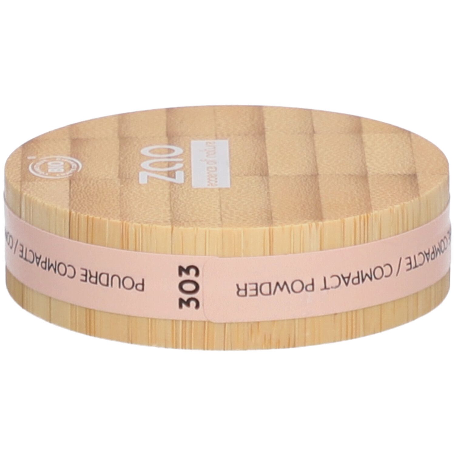 Boîtier de poudre compacte en bois. Bande rose avec texte: Poudre Compacte, Compact Powder. Numéro 303.