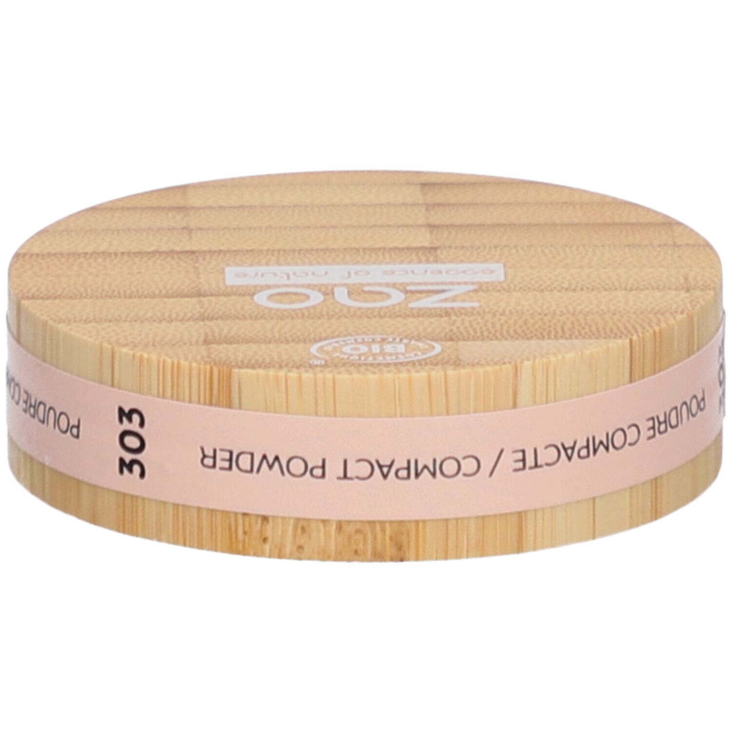 Boîtier de poudre compacte en bois. Bande rose avec texte: Poudre Compacte, Compact Powder. Numéro 303.