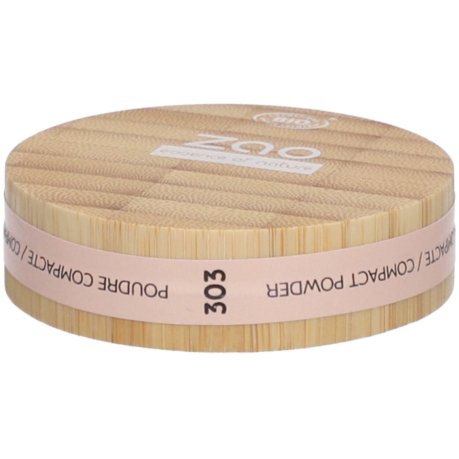 Boîtier de poudre compacte en bois. Bande rose avec texte: Poudre Compacte, Compact Powder. Numéro 303.