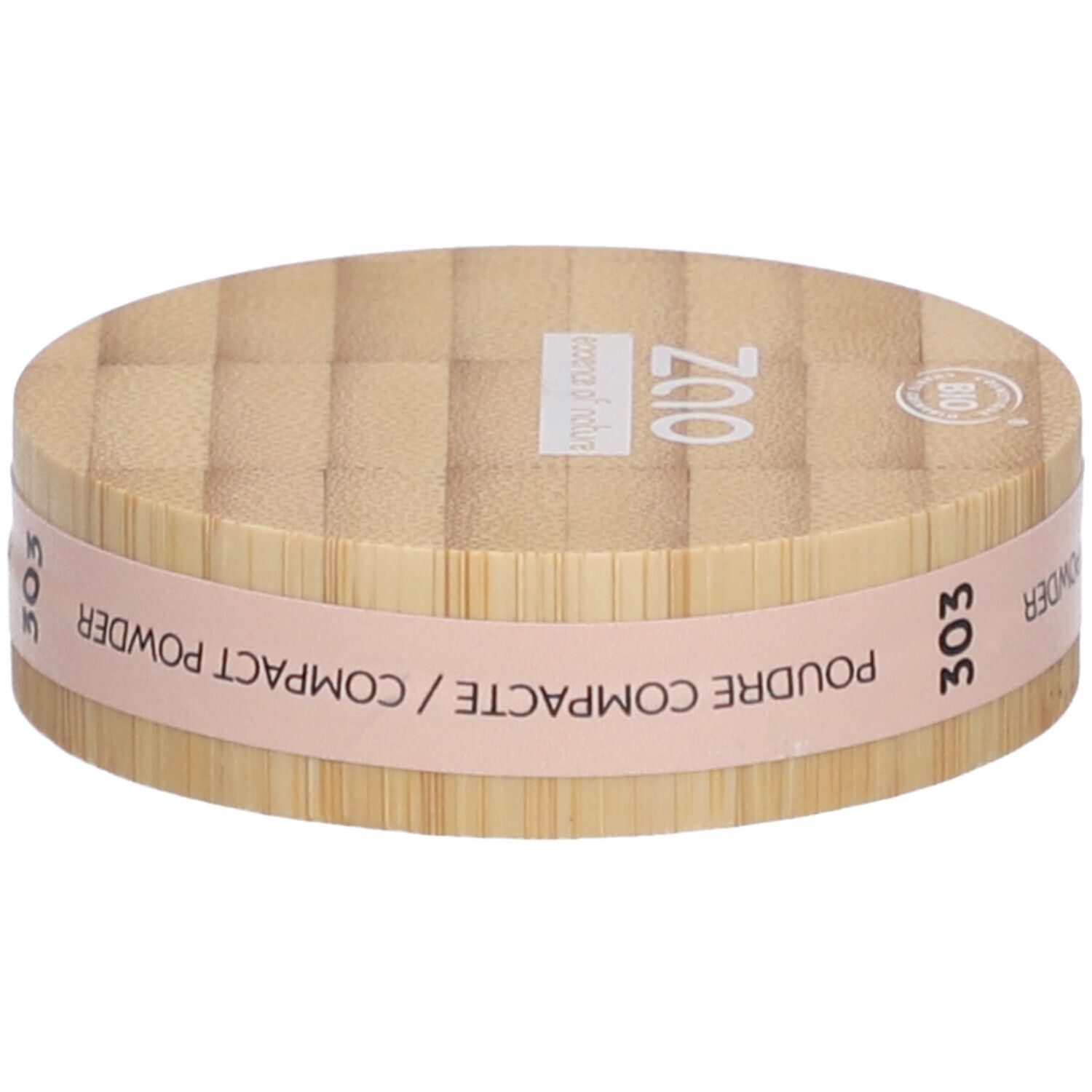 Boîtier de poudre compacte en bois. Bande rose avec texte: Poudre Compacte, Compact Powder. Numéro 303.