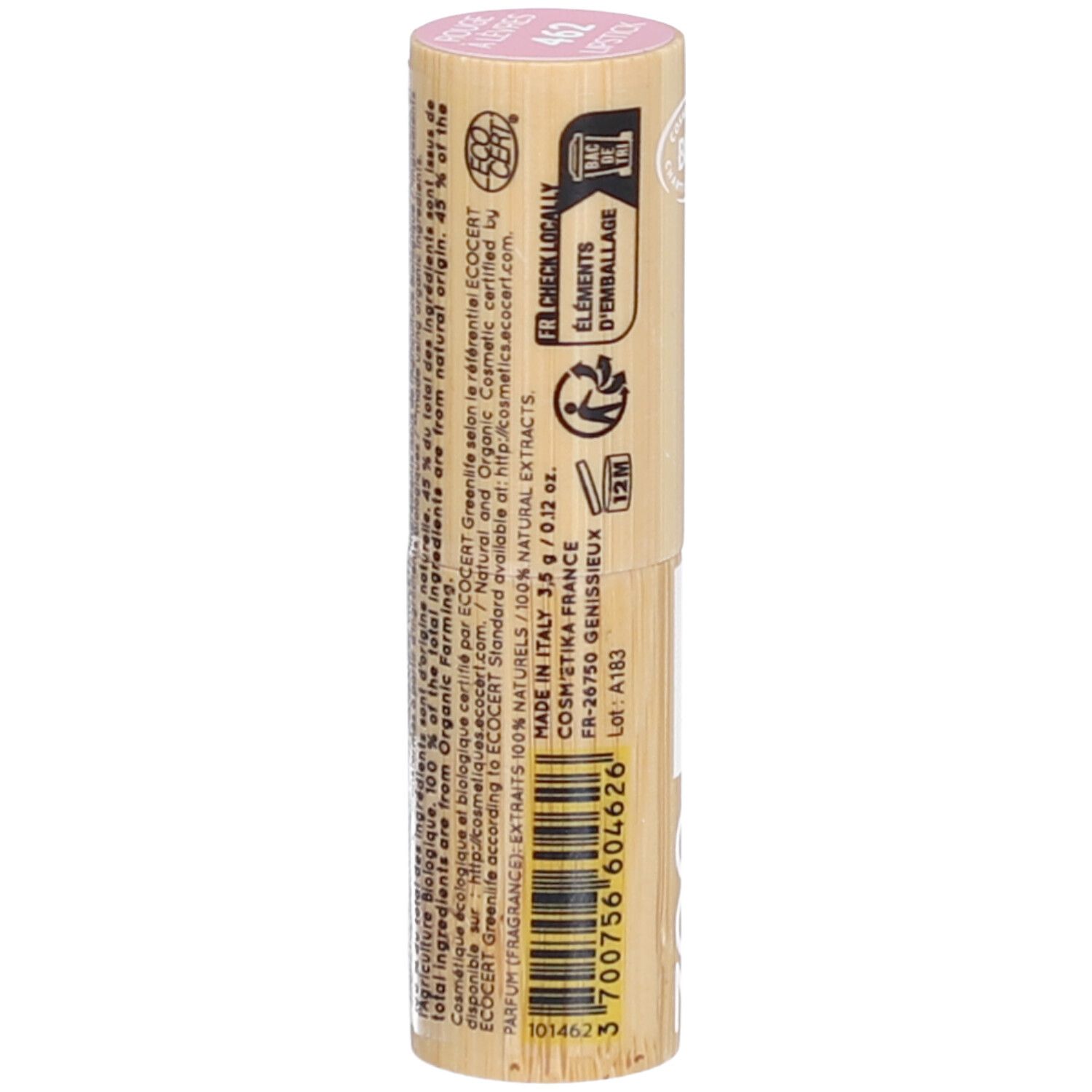 Lippenstift in Bambushülse. Aufschrift: Made in Italy, 3,5 g / 0,12 oz. Zertifizierungen: Ecocert, 12M.