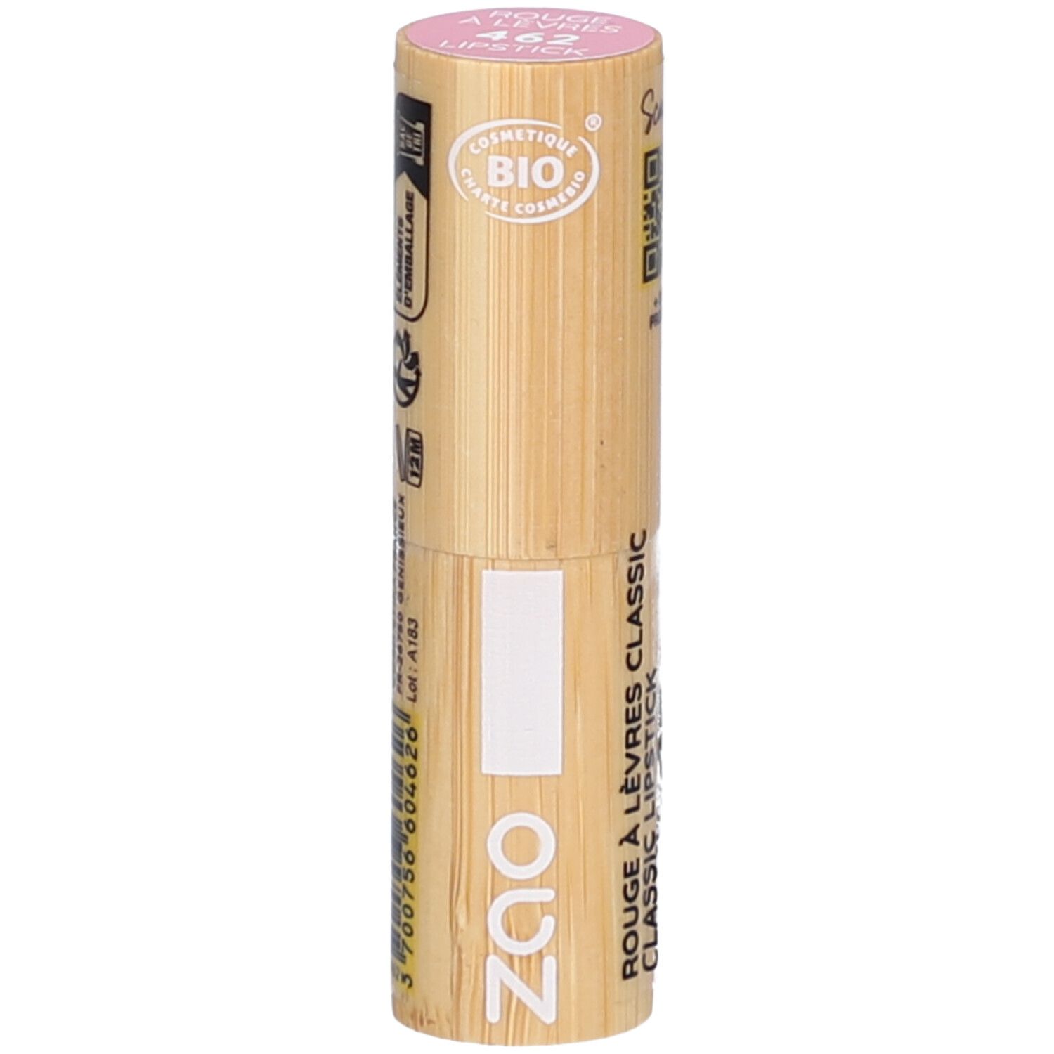 Lippenstift in Bambushülse. Oben rosa, unten weiß. Aufschrift: ZAO, Rouge à lèvres classic. Zertifizierungen: Bio.