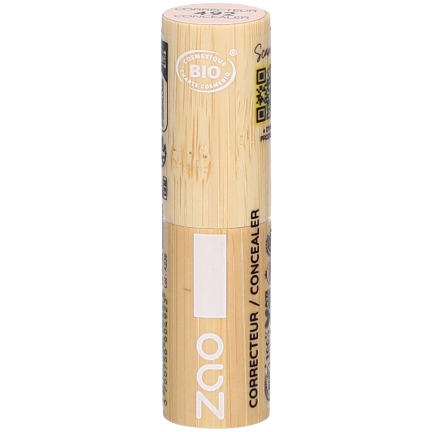 Concealer-Stift aus Bambus. Aufschrift ZAO, CORRECTEUR / CONCEALER. Bio-Zertifizierung. QR-Code.