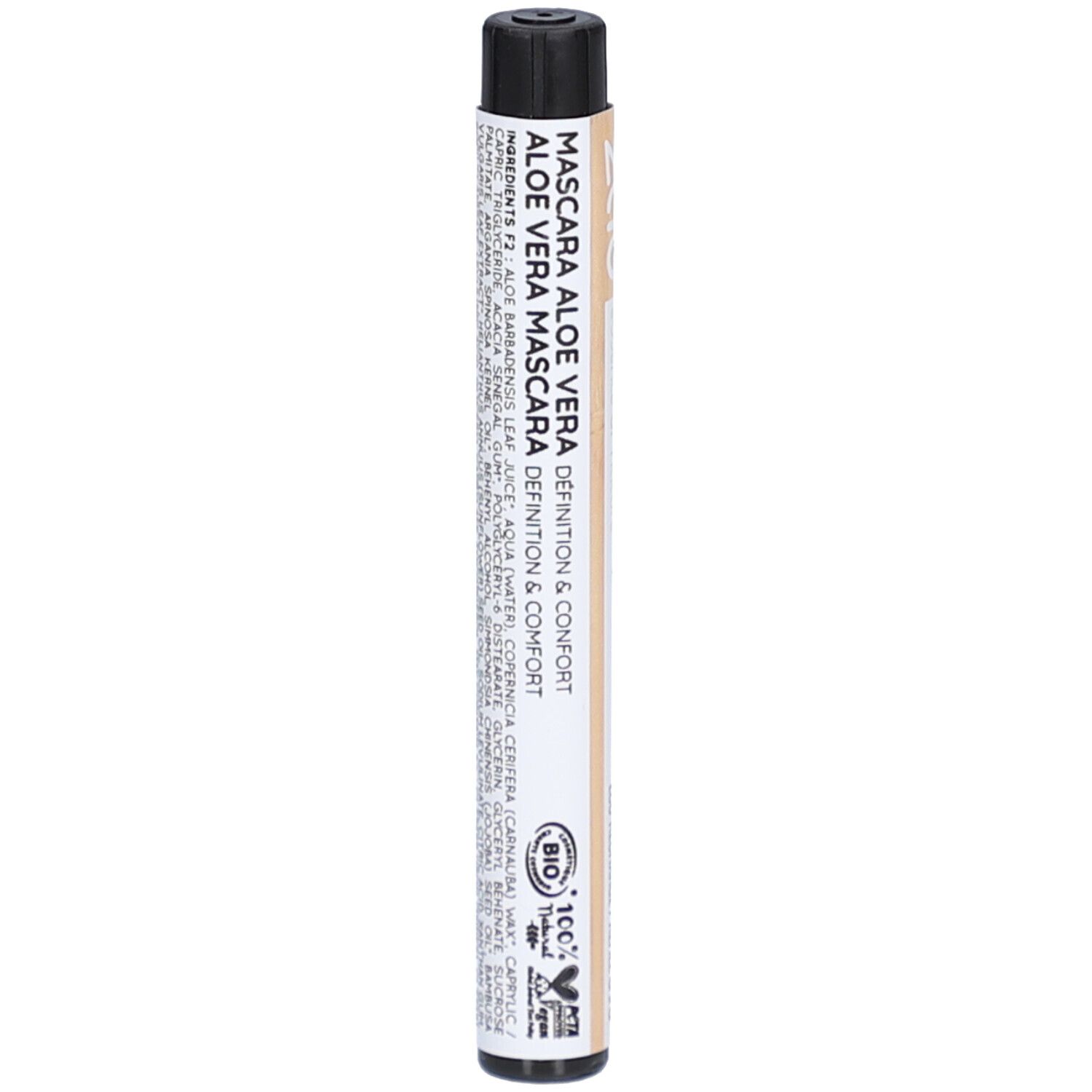 Schwarze Mascara-Tube mit Text. Aufschrift: Mascara Aloe Vera, Definition & Comfort. Bio-Zertifizierung und PETA-Logo.