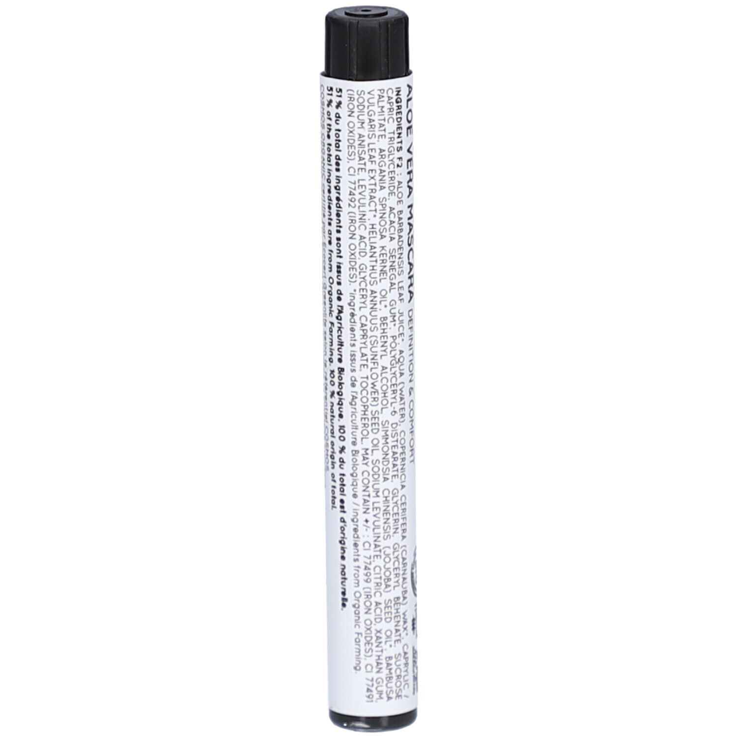 Schwarze Mascara-Tube mit Text. Inhaltsstoffe sind aufgeführt. Bio-Zertifizierung und PETA-Logo.