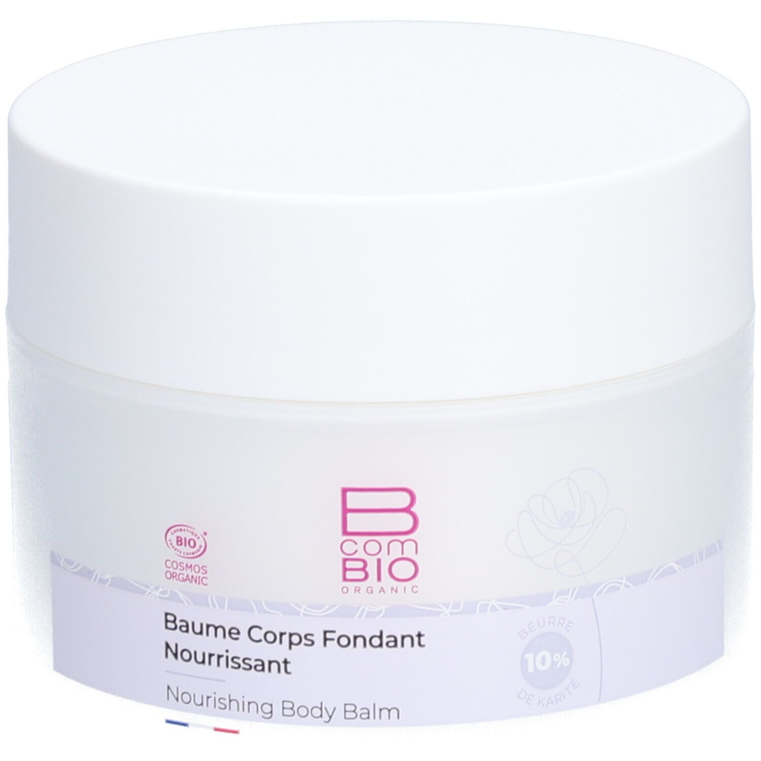 Pot blanc avec couvercle. Inscription: B COM BIO, Baume Corps Fondant Nourrissant, Cosmos Organic.