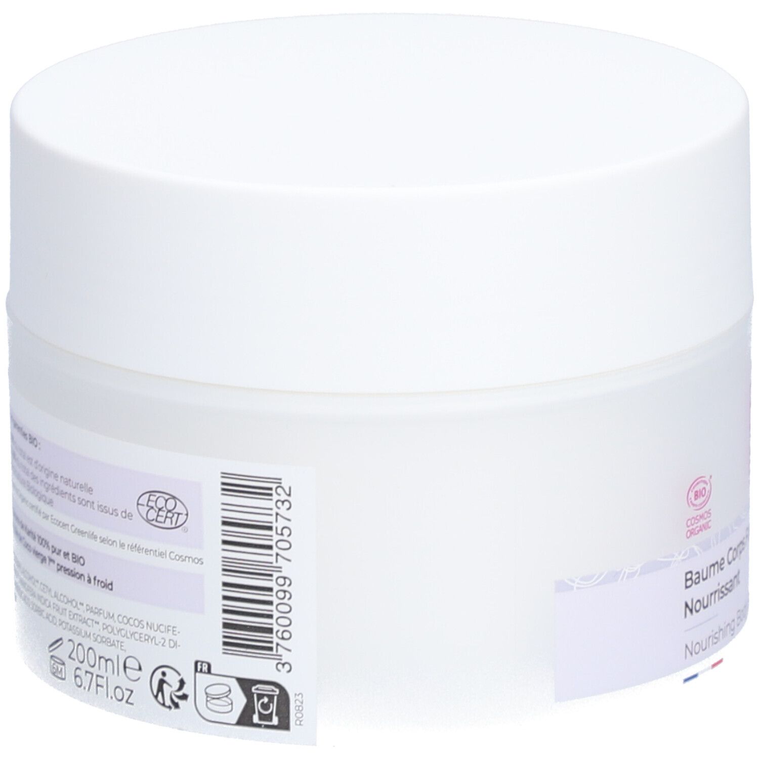 Pot blanc avec couvercle. Autocollant avec texte et logo ECOCERT. 200ml, 6.7 fl.oz.