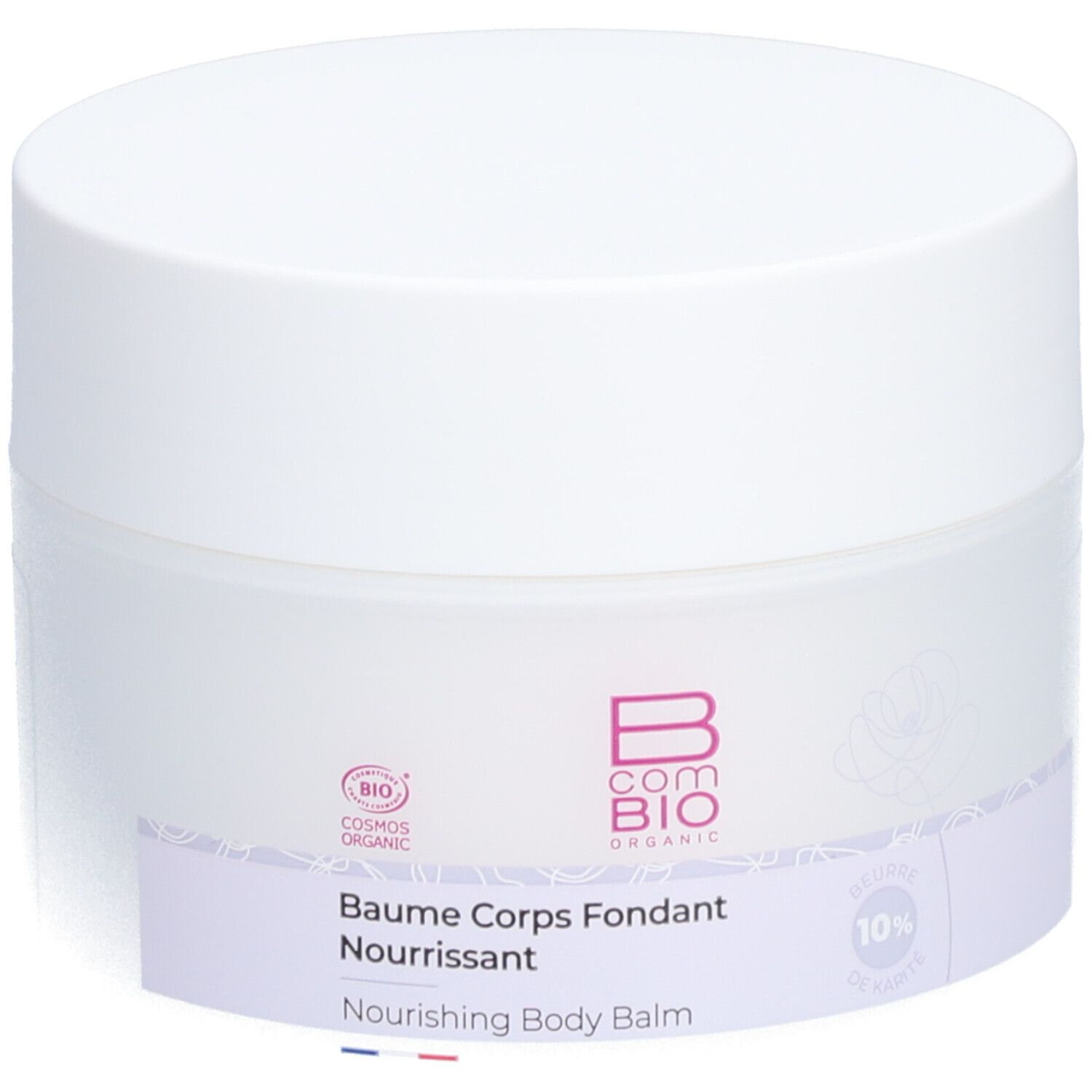 Pot blanc avec couvercle. Inscription: B COM BIO, Baume Corps Fondant Nourrissant, Cosmos Organic.