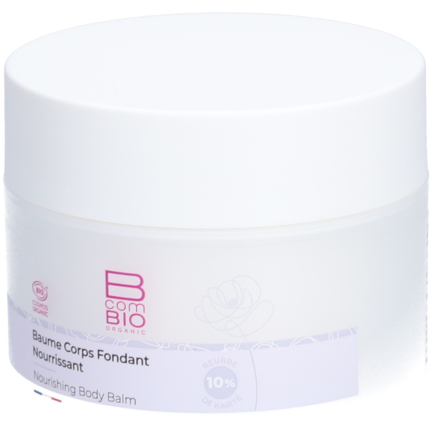 Pot blanc avec couvercle. Inscription: B COM BIO, Baume Corps Fondant Nourrissant, Cosmos Organic.