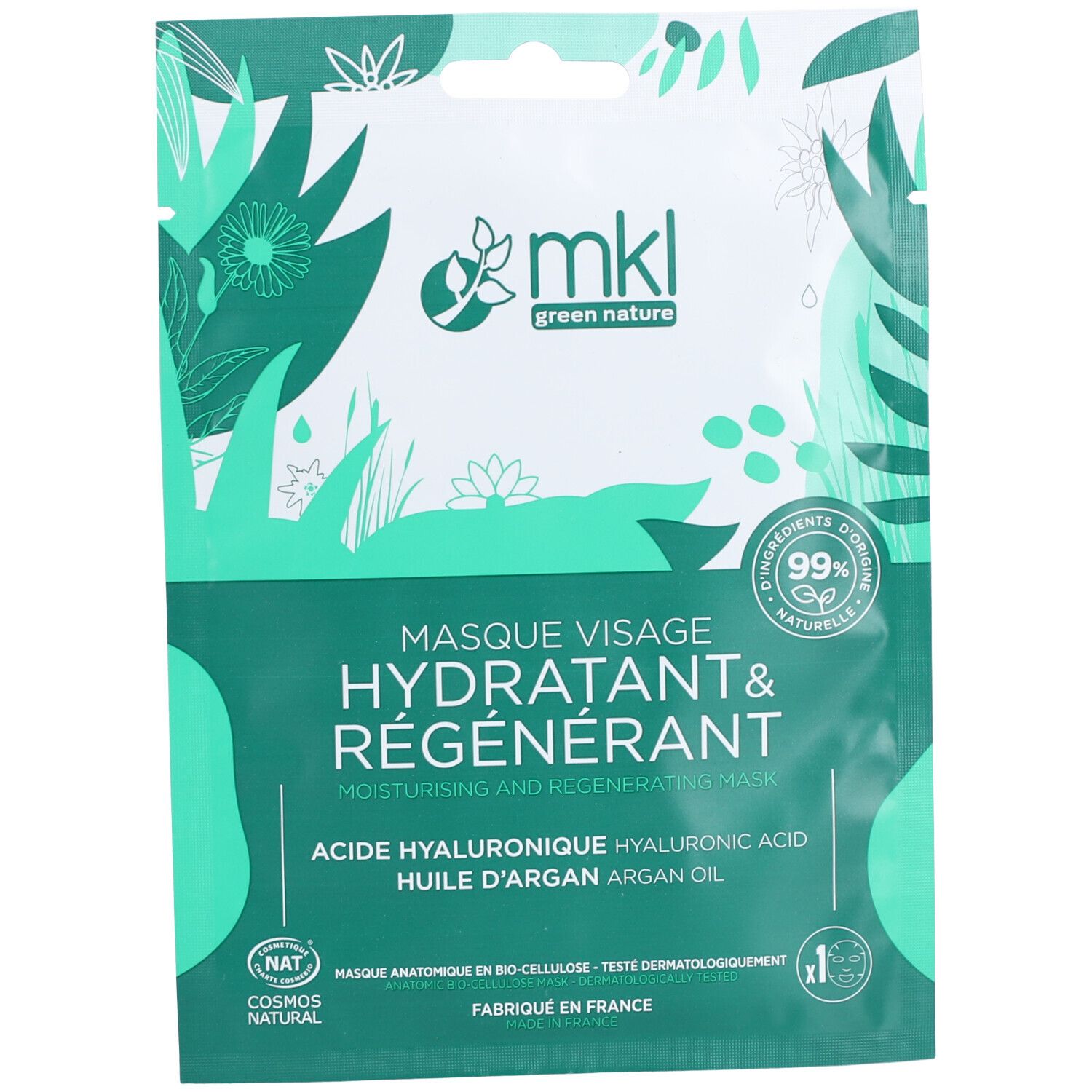 Sachet de masque facial MKL. Inscription : Masque visage hydratant régénérant. Ingrédients naturels à 99%. Fond vert et blanc.