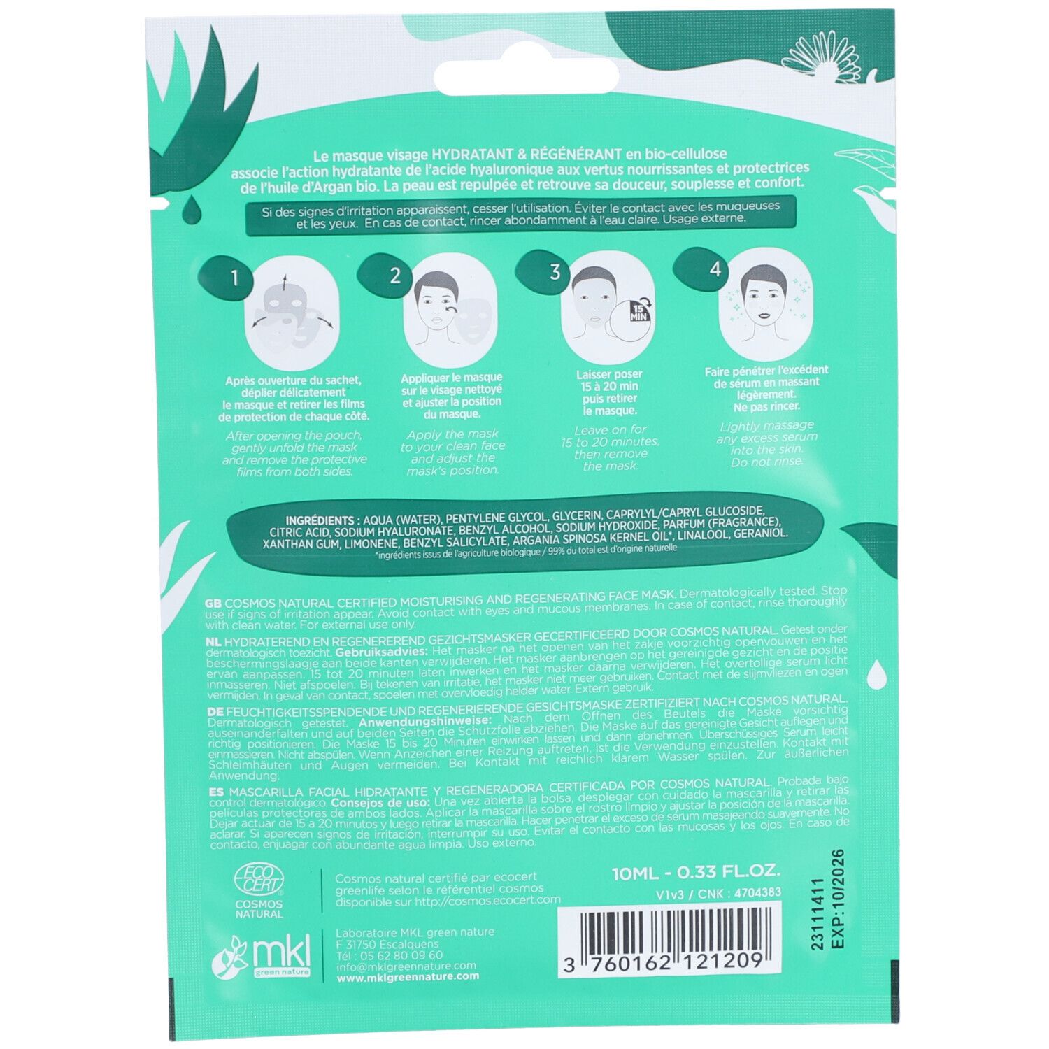 Dos du sachet de masque facial. Instructions illustrées, ingrédients et certifications. Texte en plusieurs langues.