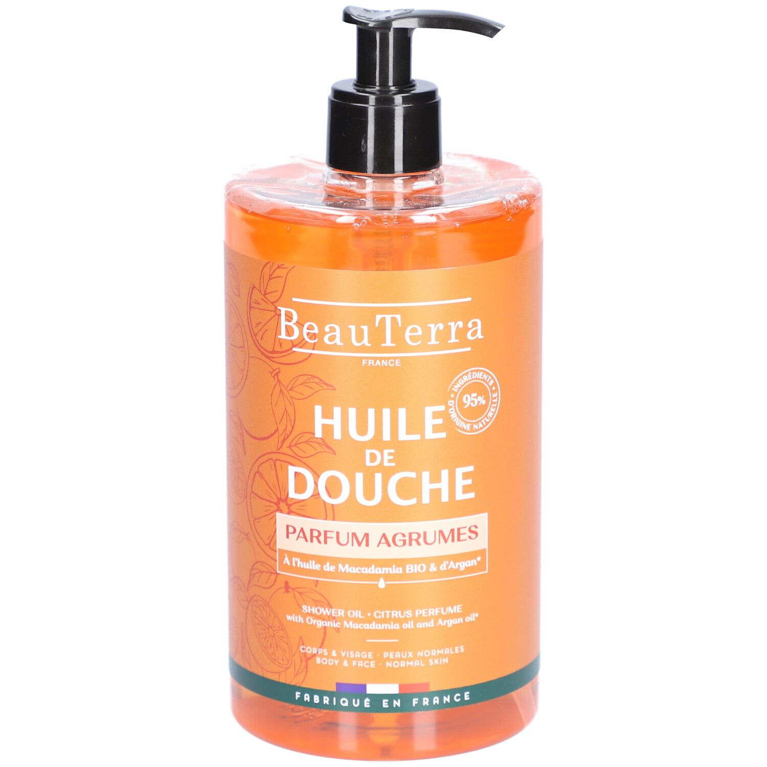 Flacon de BeauTerra Huile de Douche. Huile orange avec pompe noire. Texte: Huile de Douche Parfum Agrumes.