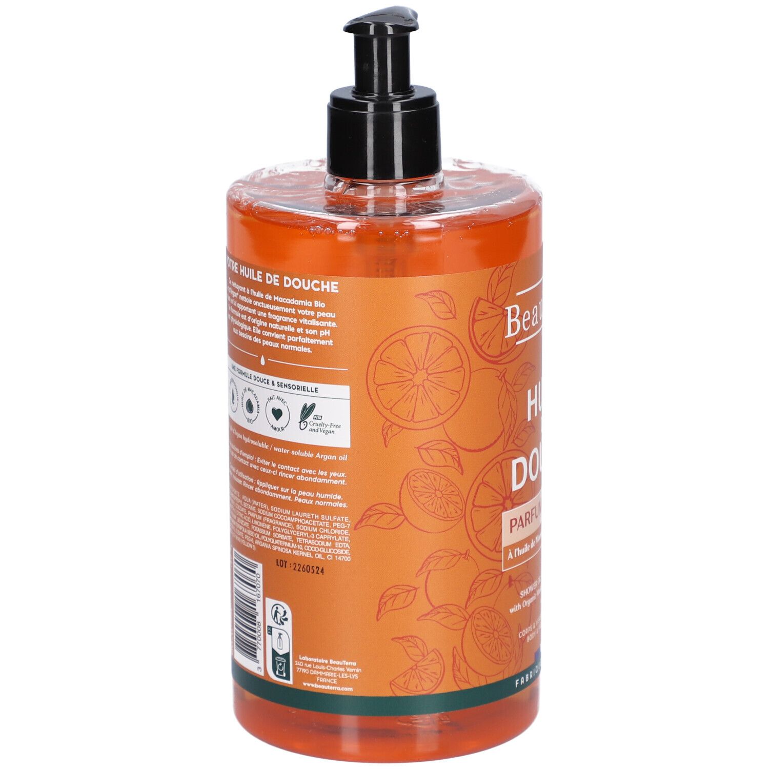 Dos du flacon d'Huile de Douche BeauTerra. Huile orange. Texte: Huile de Douche. Logos et informations.