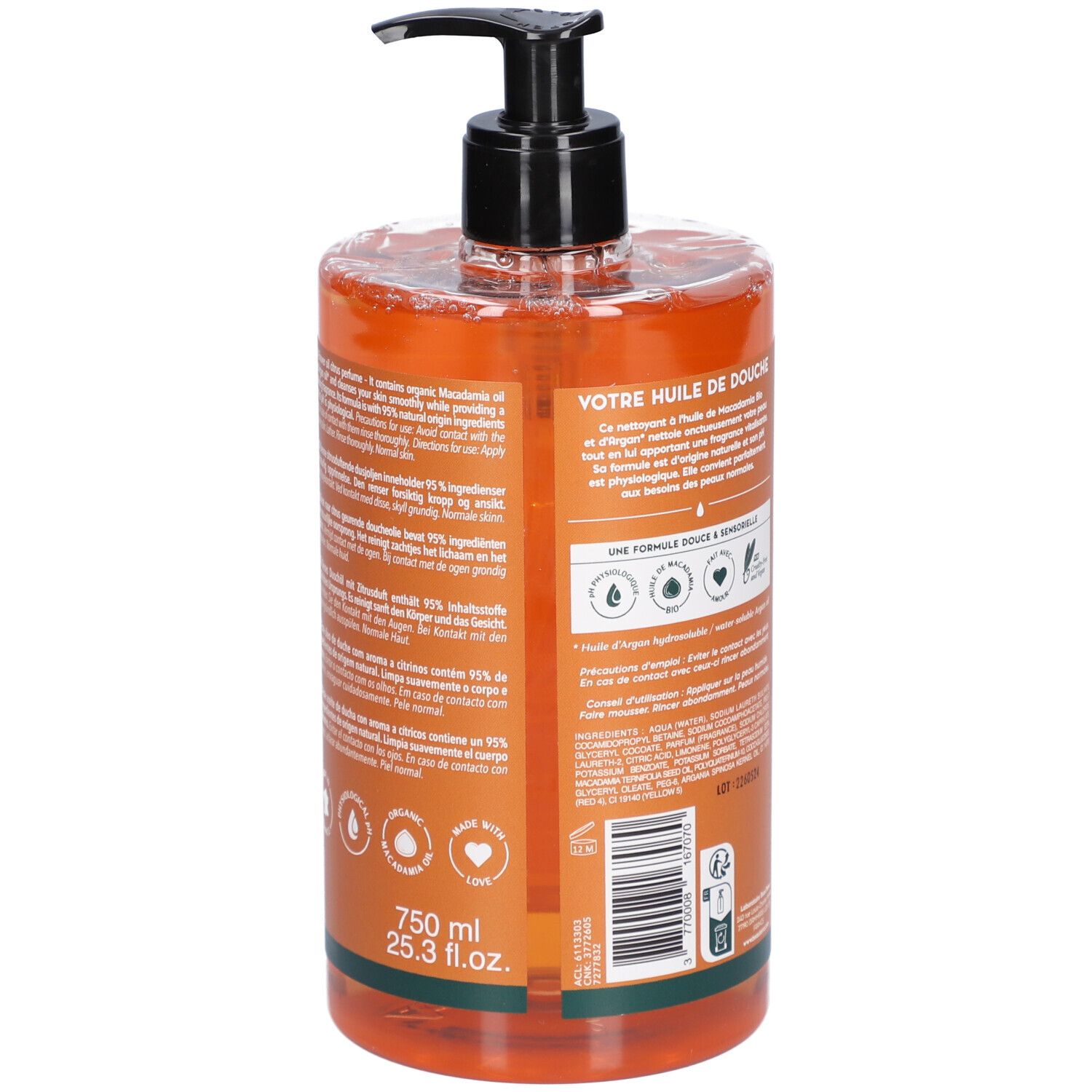 Dos du flacon d'Huile de Douche BeauTerra. Huile orange. Texte: 750 ml, 25.3 fl.oz. Logos et informations.
