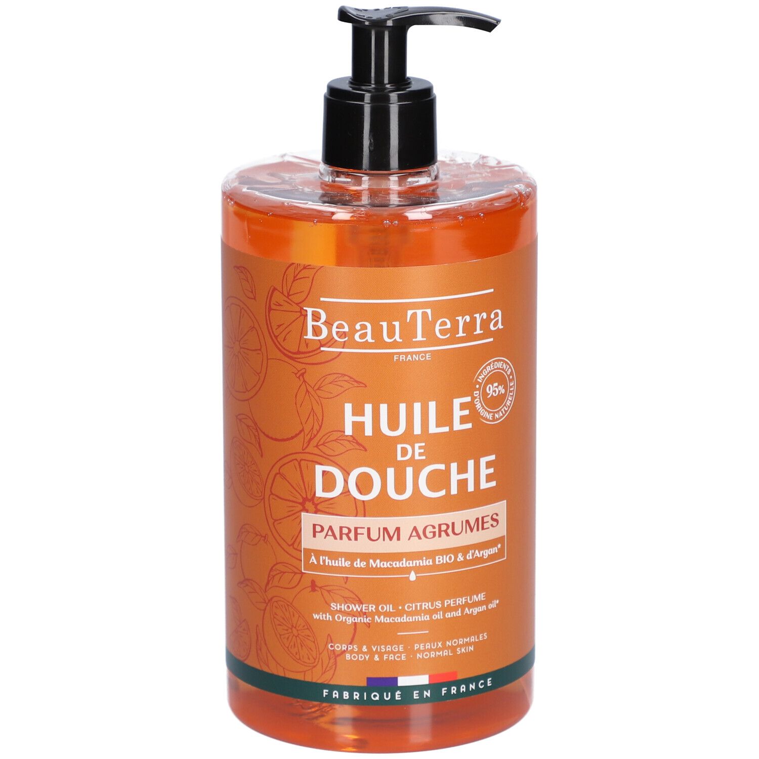 Flacon de BeauTerra Huile de Douche. Huile orange avec pompe noire. Texte: Huile de Douche Parfum Agrumes.