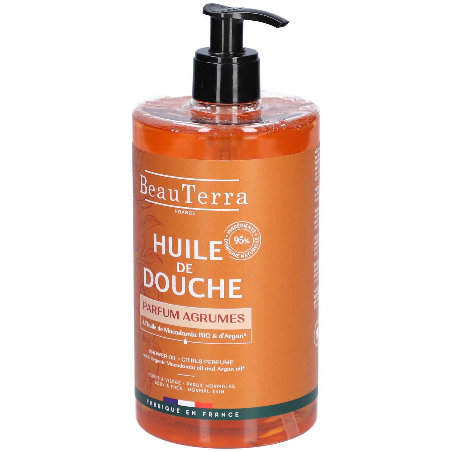 Flacon de BeauTerra Huile de Douche. Huile orange avec pompe noire. Texte: Huile de Douche Parfum Agrumes.