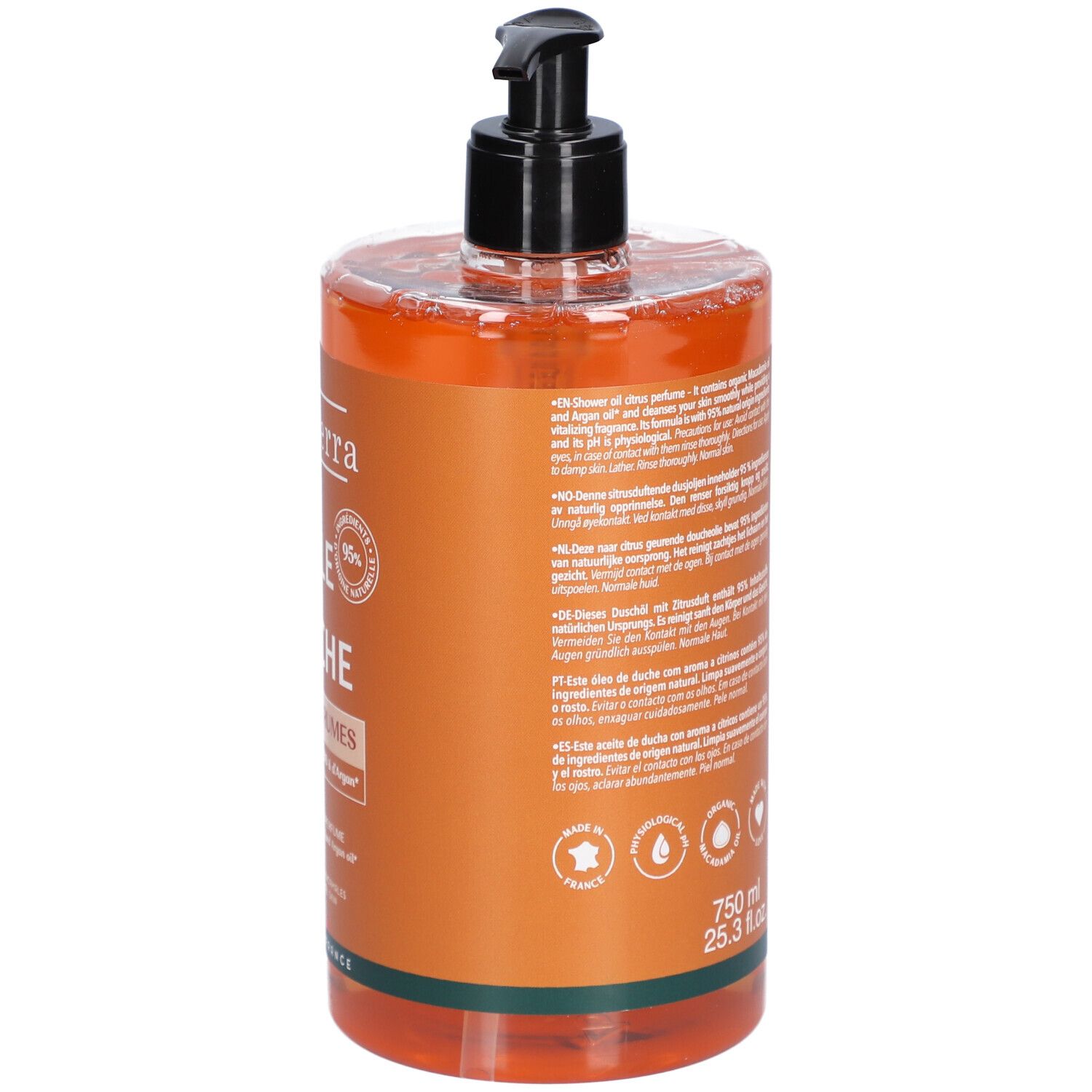 Dos du flacon d'Huile de Douche BeauTerra. Huile orange. Texte: 750 ml, 25.3 fl.oz. Logos et informations.