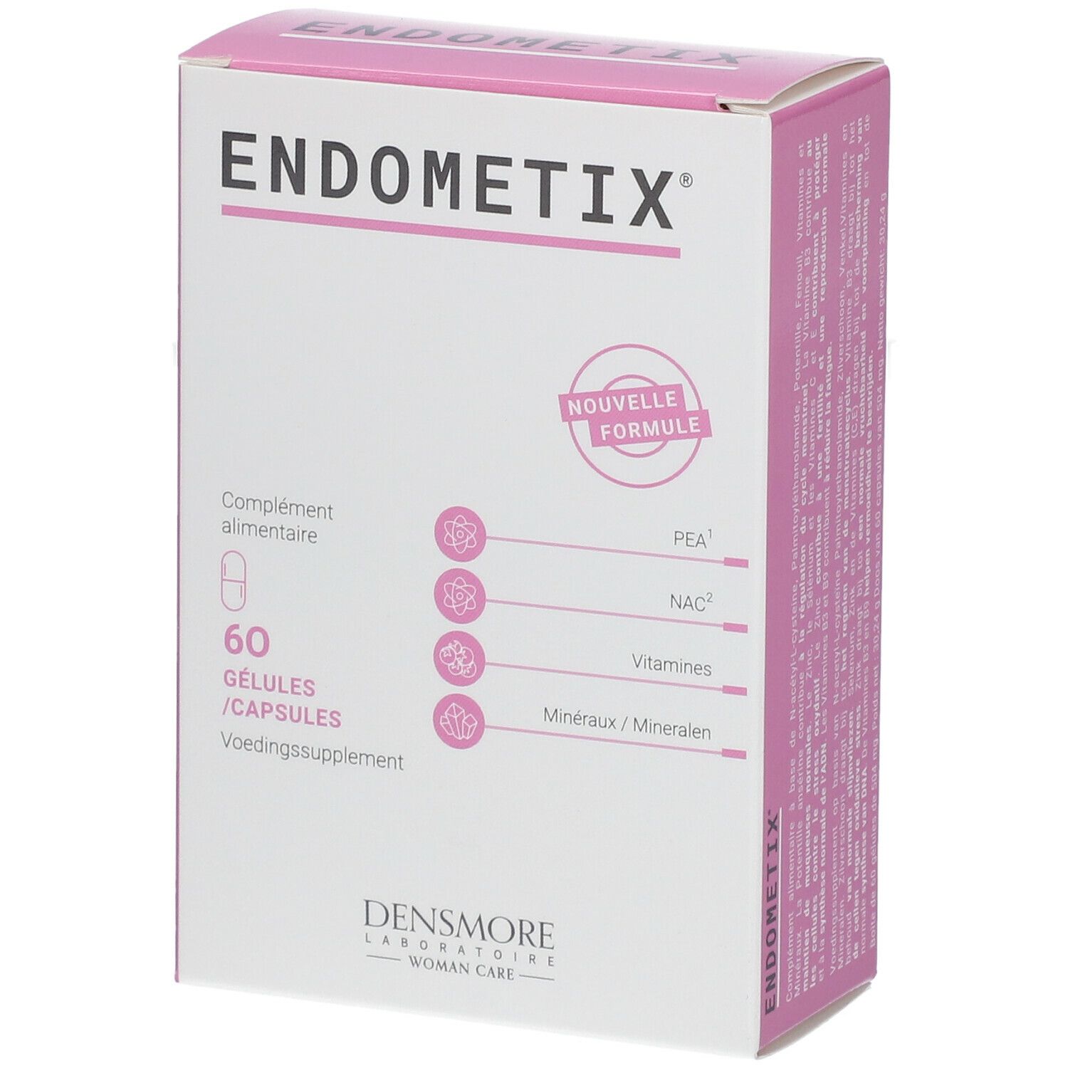 Boîte Endometix blanche et rose. Contient 60 gélules. Inscriptions : Nouvelle Formule, Complément alimentaire, Densmore Laboratories.