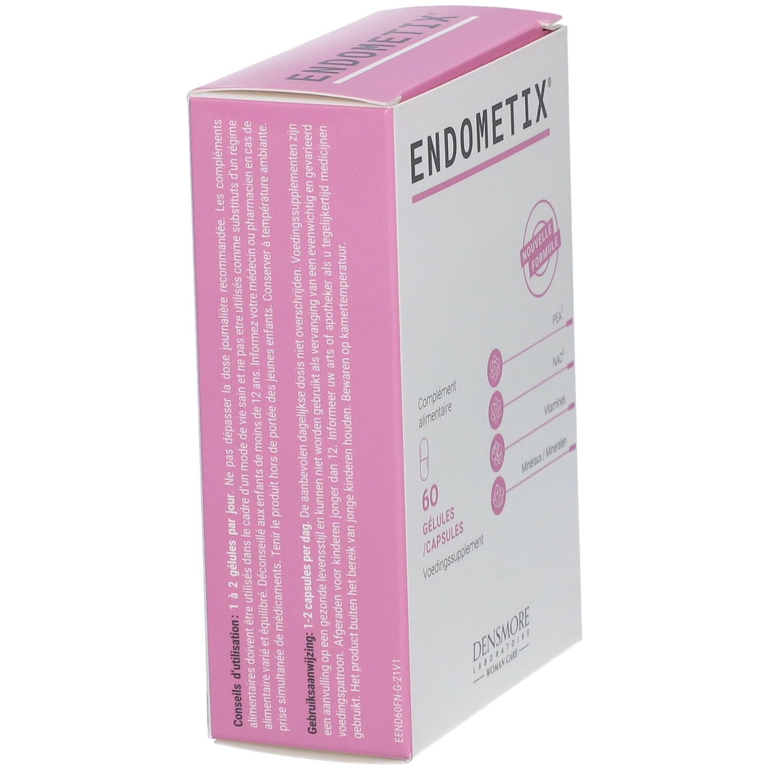 Boîte Endometix en biais. Blanche et rose. Inscriptions : Endometix, Nouvelle Formule, 60 gélules, Densmore Laboratories.