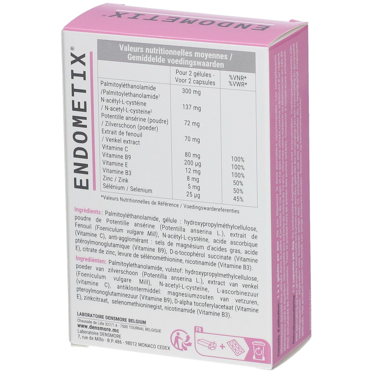 Dos de la boîte Endometix. Contient les informations nutritionnelles et les ingrédients. Texte : Endometix, Laboratoire Densmore.