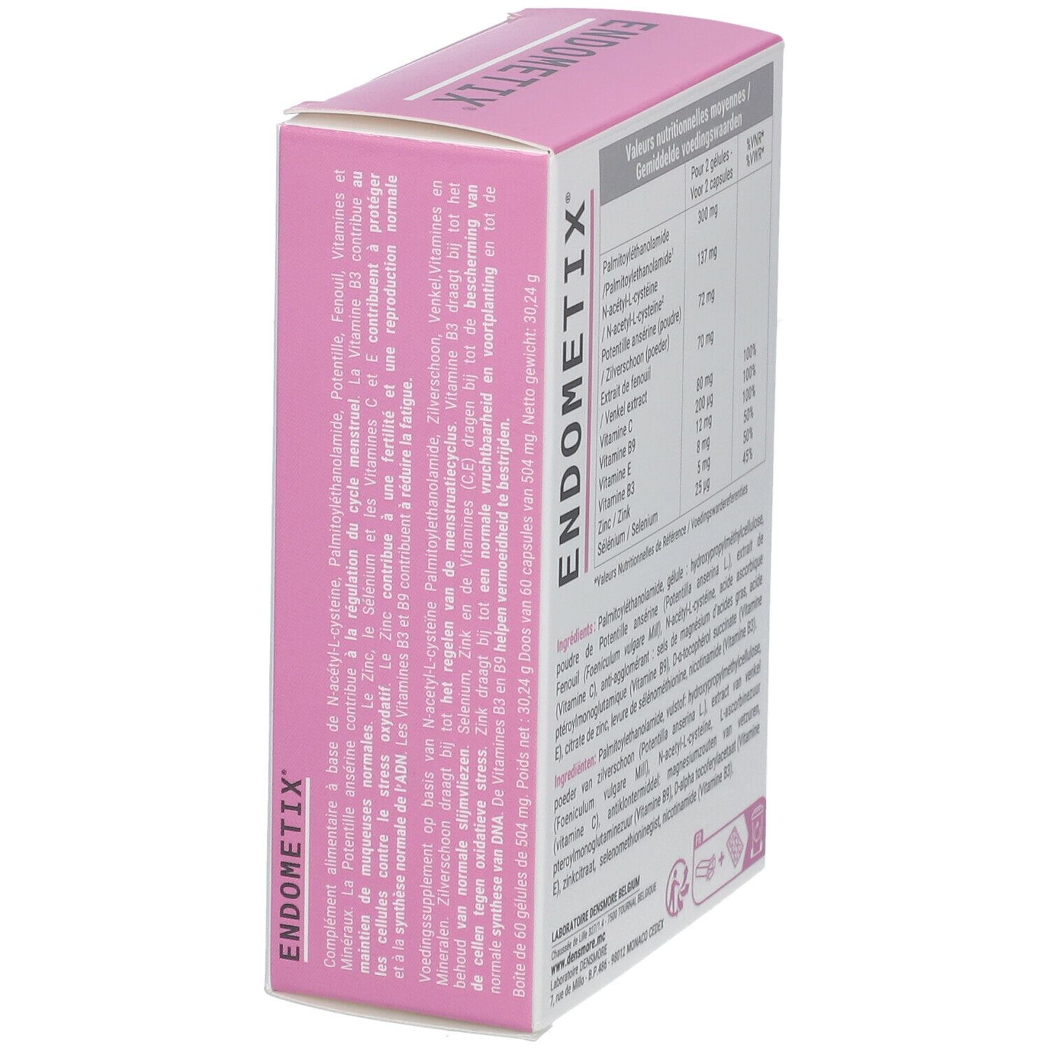 Vue en biais de la boîte Endometix. Contient les informations nutritionnelles et les ingrédients. Texte : Endometix, Laboratoire Densmore.