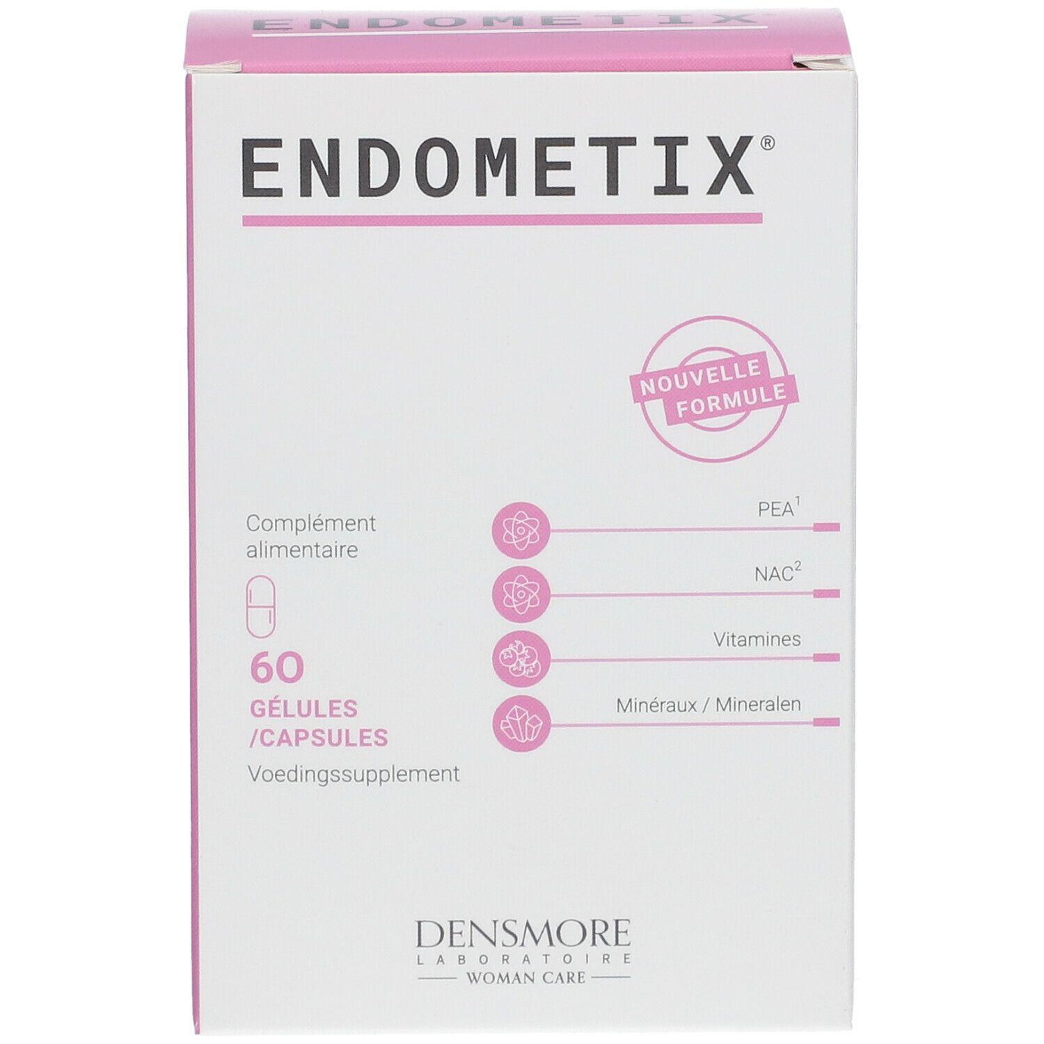 Boîte Endometix blanche et rose. Contient 60 gélules. Inscriptions : Nouvelle Formule, Complément alimentaire, Densmore Laboratories.