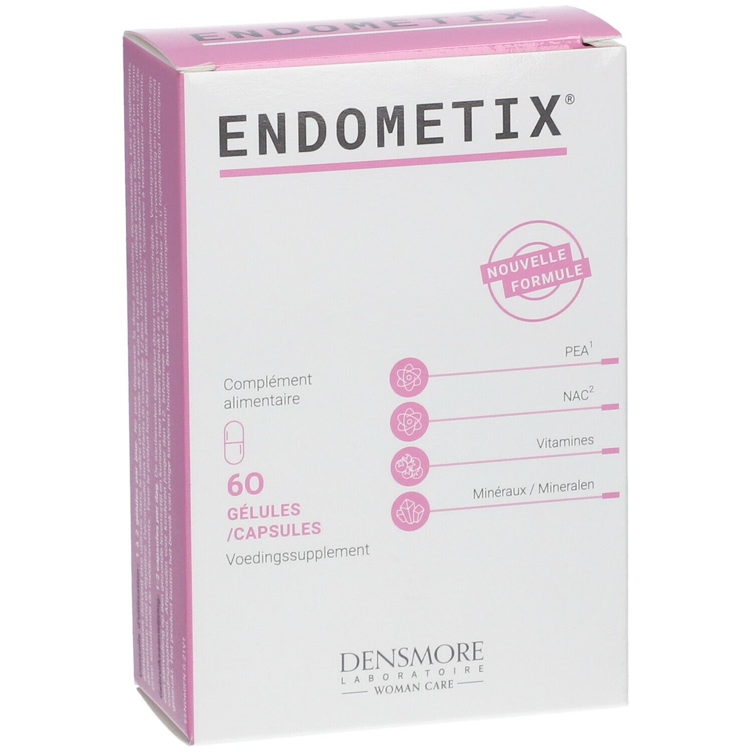 Boîte Endometix blanche et rose. Contient 60 gélules. Inscriptions : Nouvelle Formule, Complément alimentaire, Densmore Laboratories.