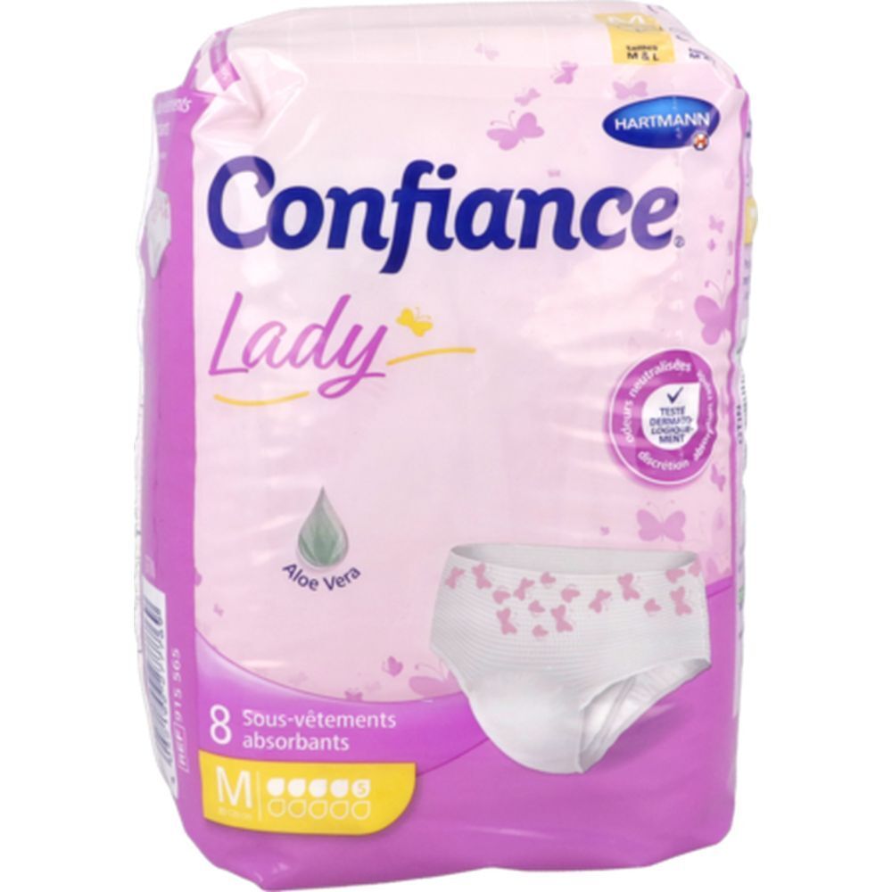 Paquet de slips blancs. Marque : Confiance Lady. Taille M. Avec Aloe Vera. 8 pièces.