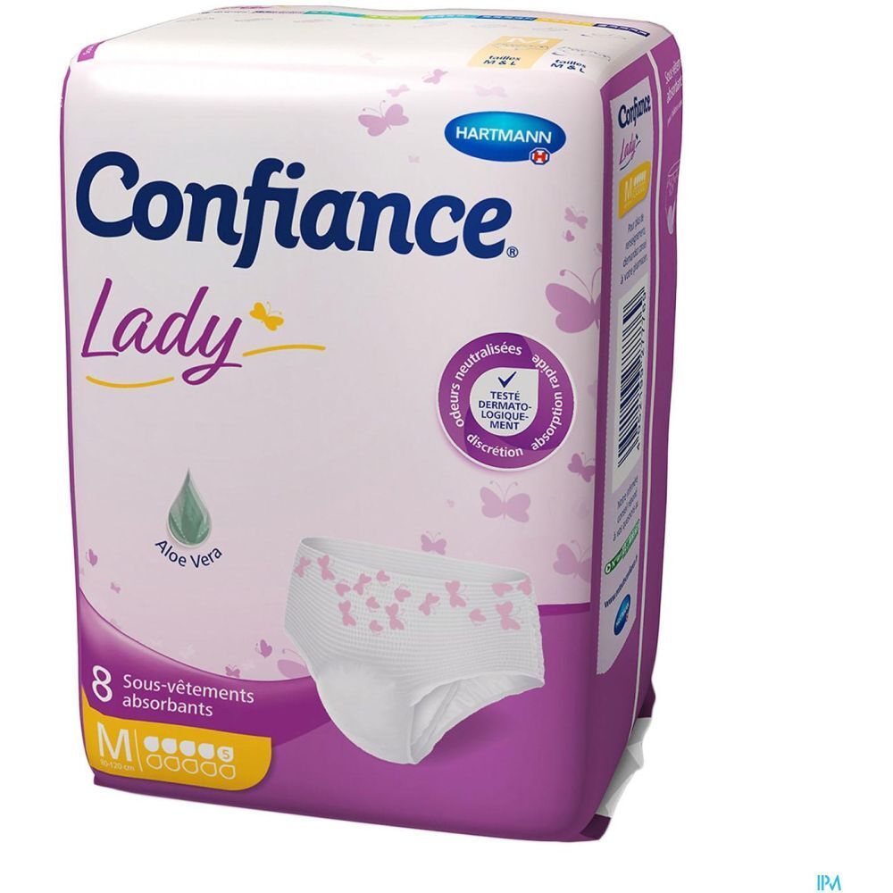 Paquet de slips blancs. Marque : Confiance Lady. Taille M. Avec Aloe Vera. 8 pièces.