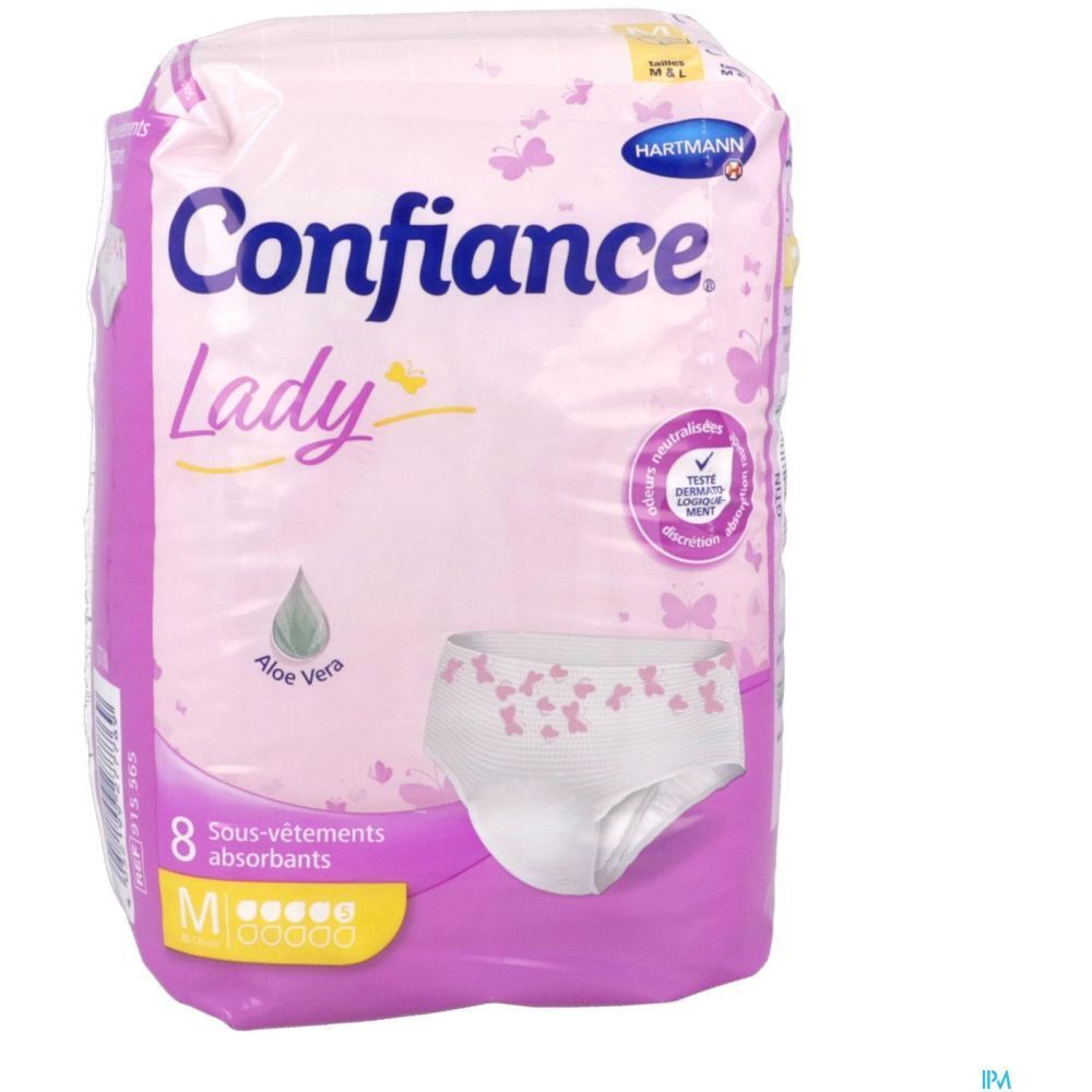 Paquet de slips blancs. Marque : Confiance Lady. Taille M. Avec Aloe Vera. 8 pièces.