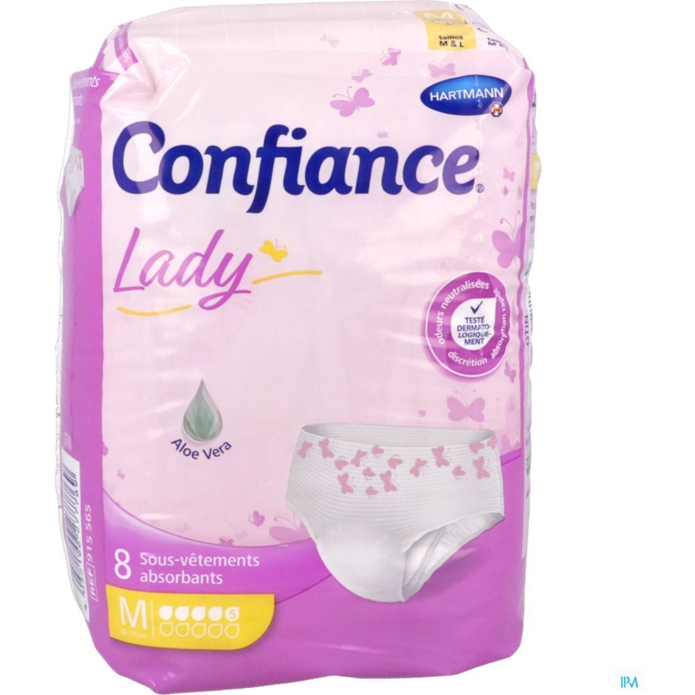 Paquet de slips blancs. Marque : Confiance Lady. Taille M. Avec Aloe Vera. 8 pièces.