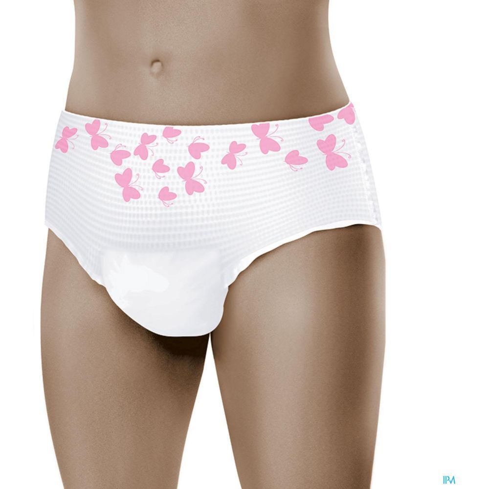 Slip blanc avec papillons roses. Vue de face.