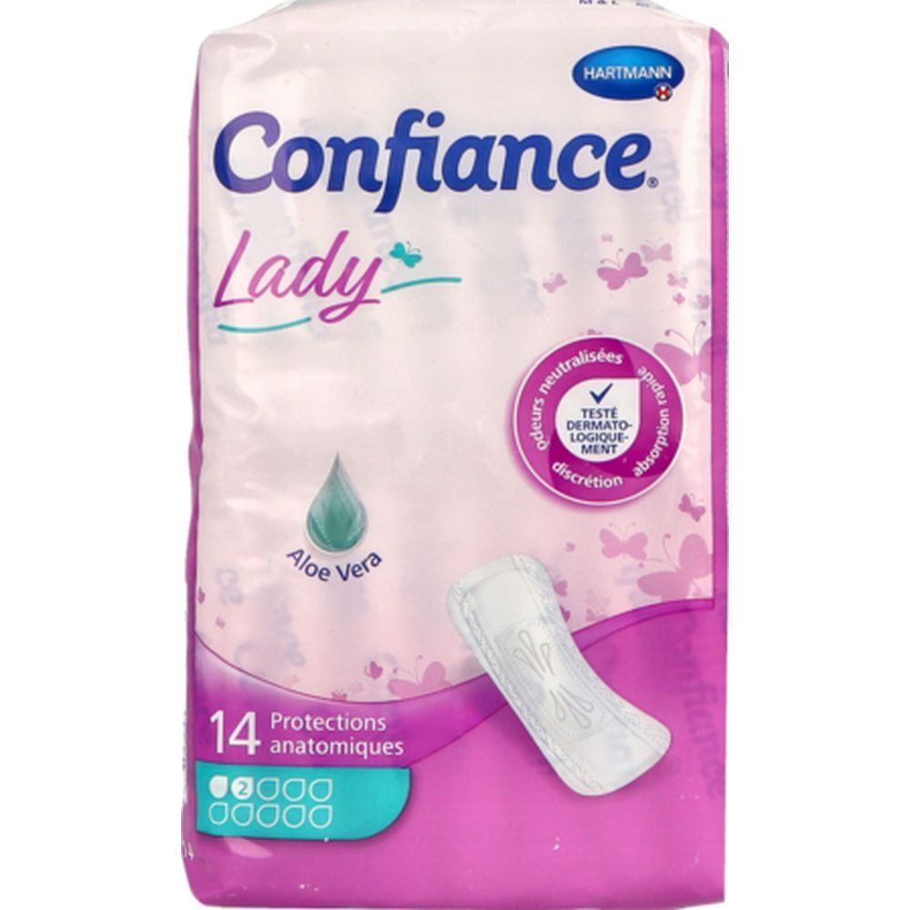 Paquet de 14 protections anatomiques Confiance Lady. Avec Aloe Vera. Testé dermatologiquement.
