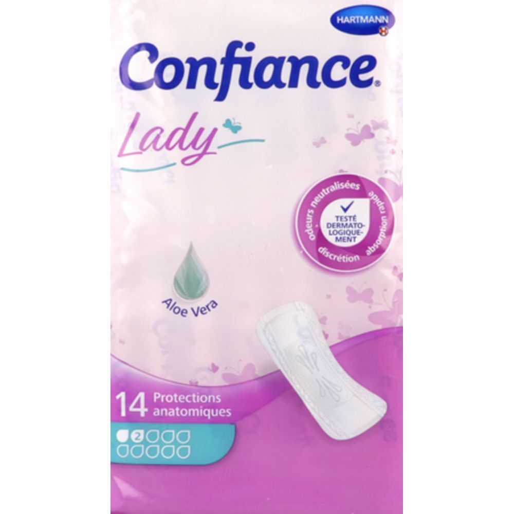 Paquet de 14 protections anatomiques Confiance Lady. Avec Aloe Vera. Testé dermatologiquement.